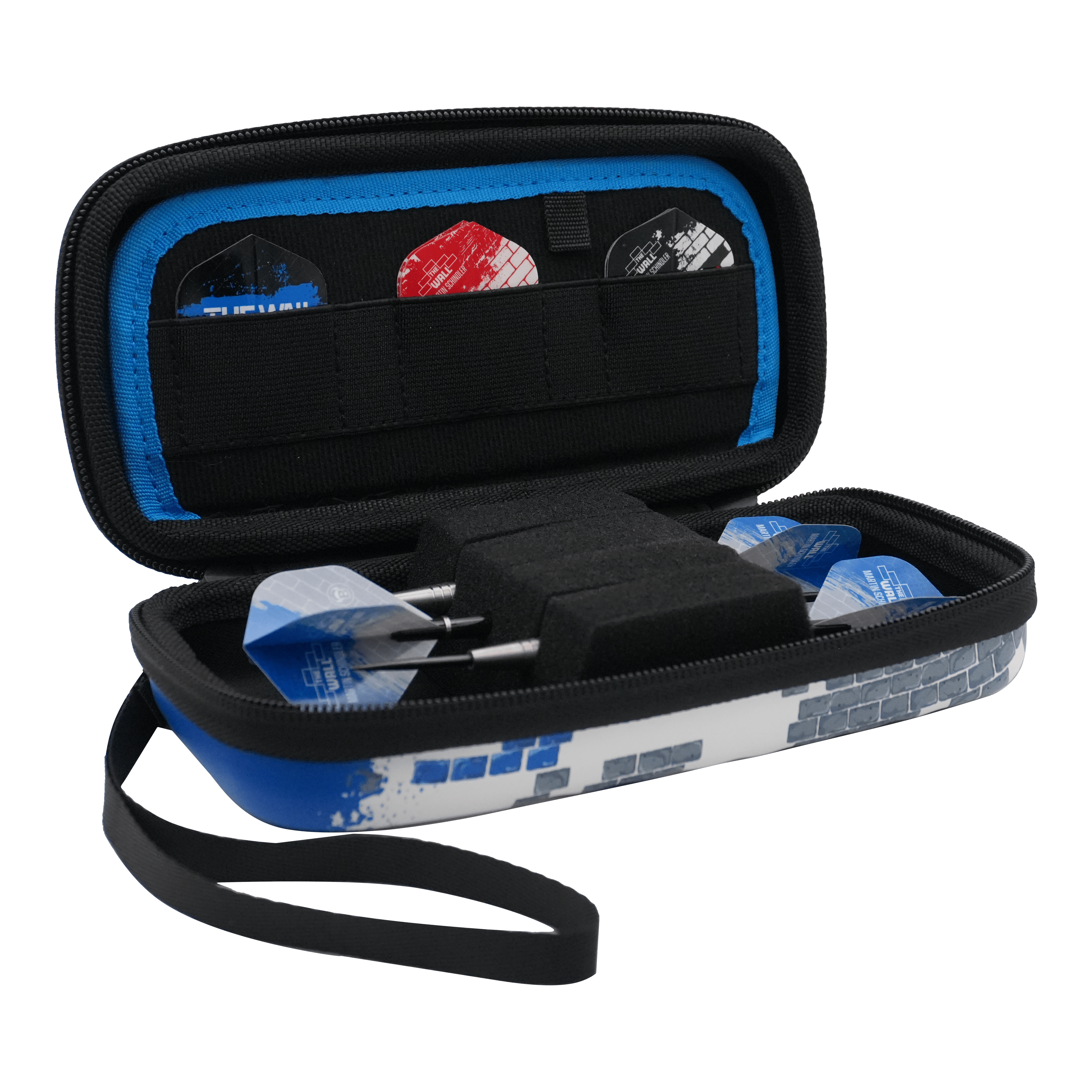 Bulls Orbis S Martin Schindler Dartcase Das Bild zeigt ein geöffnetes Dartcase mit mehreren Darts und Flights darin. Das Etui ist blau-weiß und trägt das Design des Bulls Orbis S Martin Schindler Dartcase.
