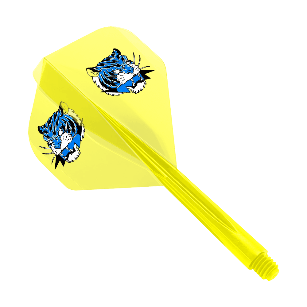 Das Bild zeigt einen gelben Dartflight mit einem blauen Tigerkopf-Motiv. Der Schaft ist transparent gelb und im kleinen Format gehalten.