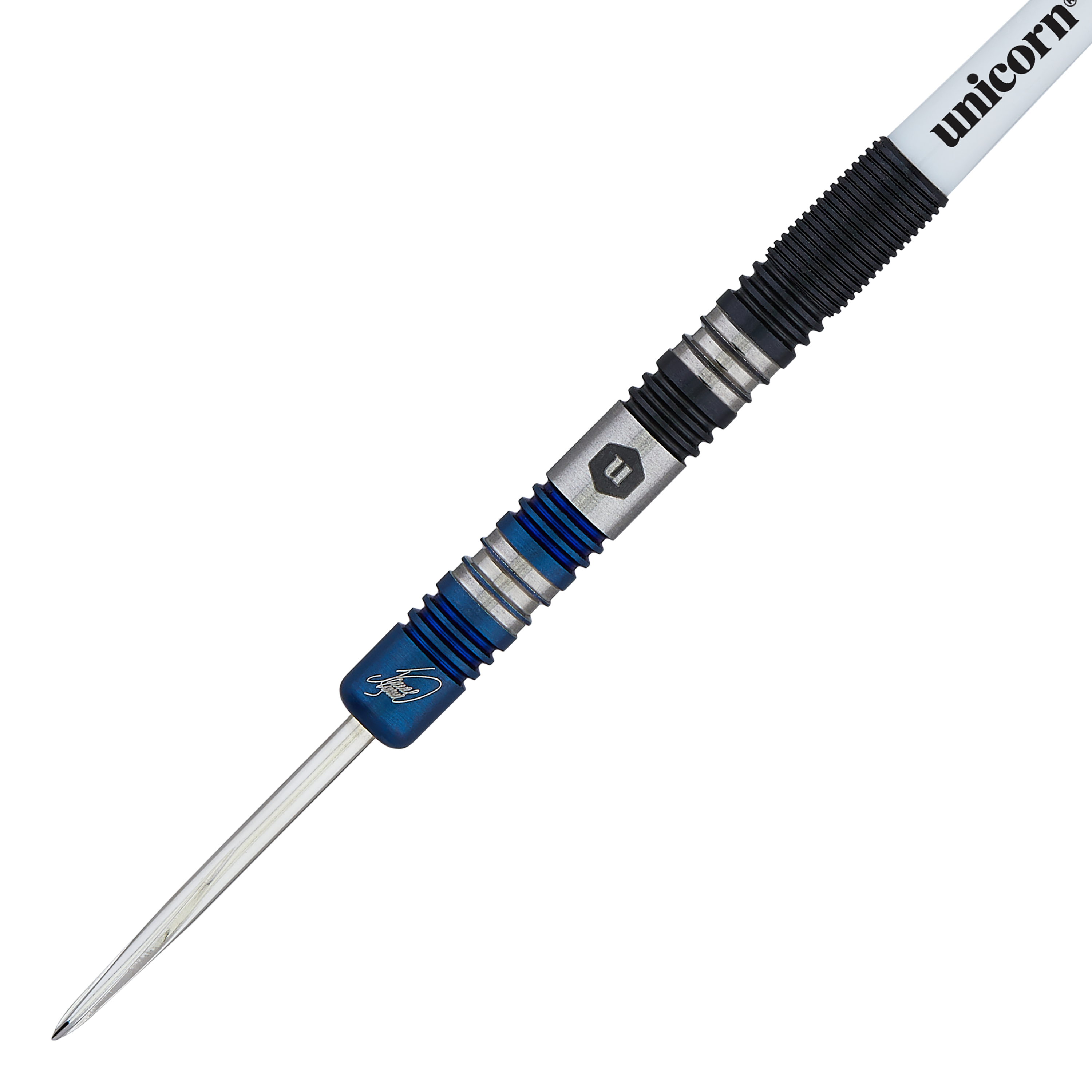 Unicorn The Machine James Wade Two-Tone Steeldarts Das Bild zeigt einen Steeldart mit zweifarbigem Griff und blauen Akzenten. Auf dem Dart steht "unicorn" und es handelt sich um das Modell "The Machine James Wade".