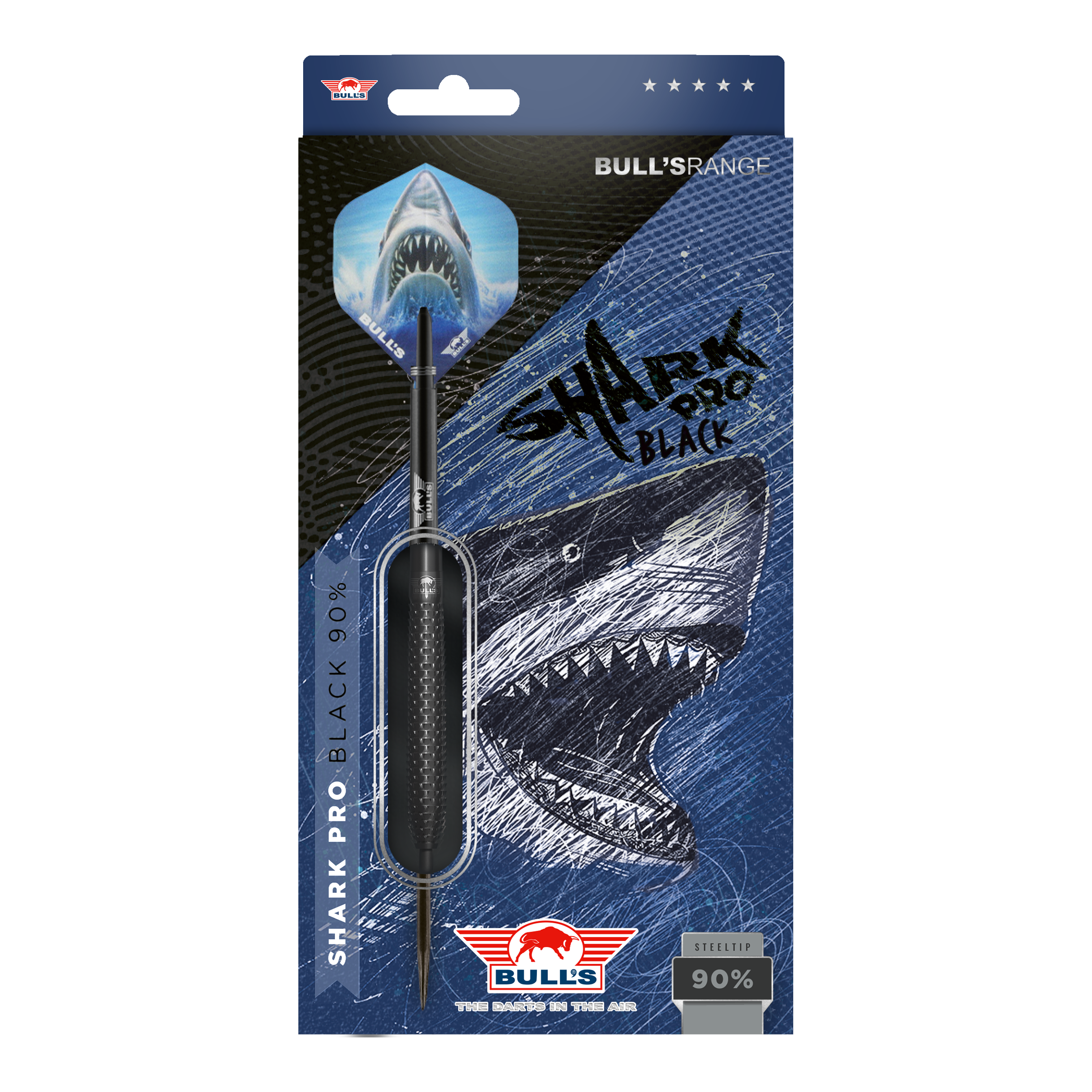 Die Abbildung zeigt die Verpackung der "Bulls NL Shark Pro Black Steeldarts". Auf der Verpackung ist ein aggressiv aussehender Hai sowie der Dartpfeil selbst zu sehen.