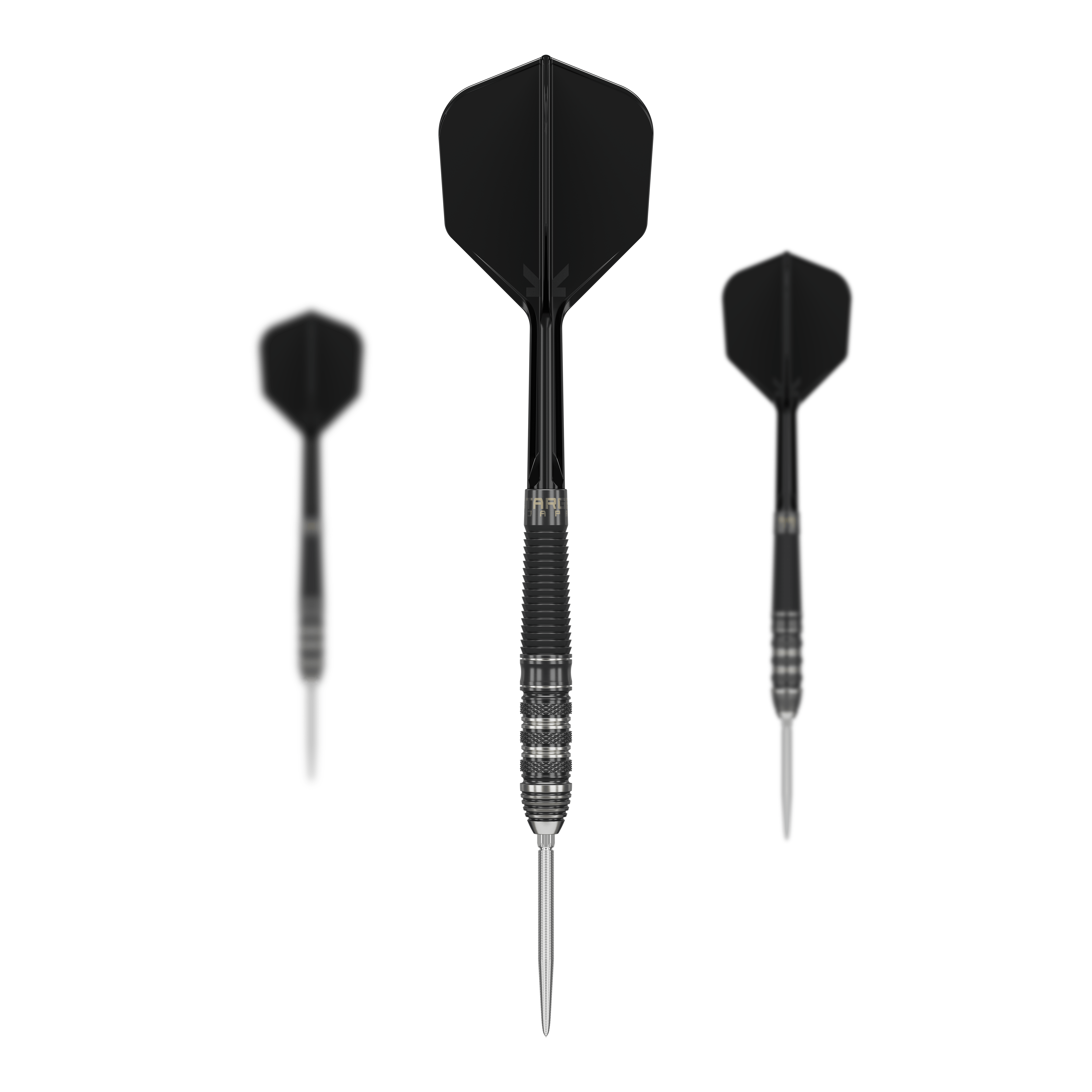 Target Japan Black Marque Armageddon GEN2 Swiss Point Steeldarts Das Bild zeigt drei schwarze Steeldarts des Modells „Target Japan Black Marque Armageddon GEN2 Swiss Point“. Die Darts haben einen geriffelten Metallkörper und schwarze Flights.