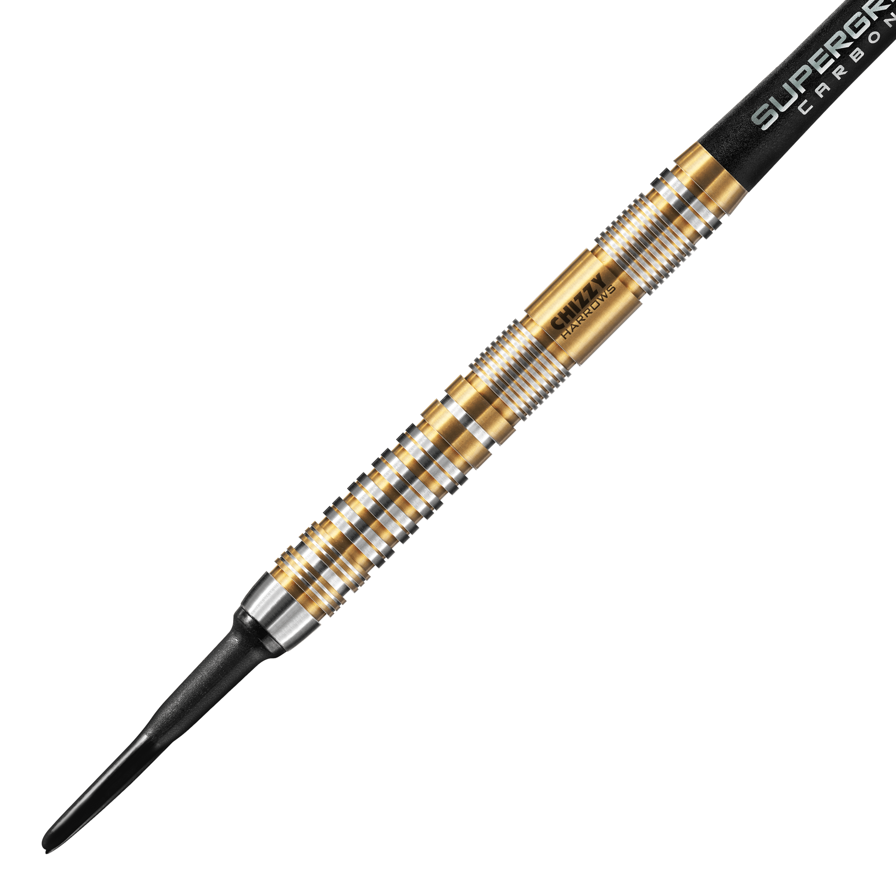 Harrows Dave Chisnall Chizzy Series 2 Softdarts Das Bild zeigt einen Harrows Dave Chisnall Chizzy Series 2 Softdart. Der Dartpfeil hat ein auffälliges Design mit goldenen und silbernen Ringen entlang des Barrels.