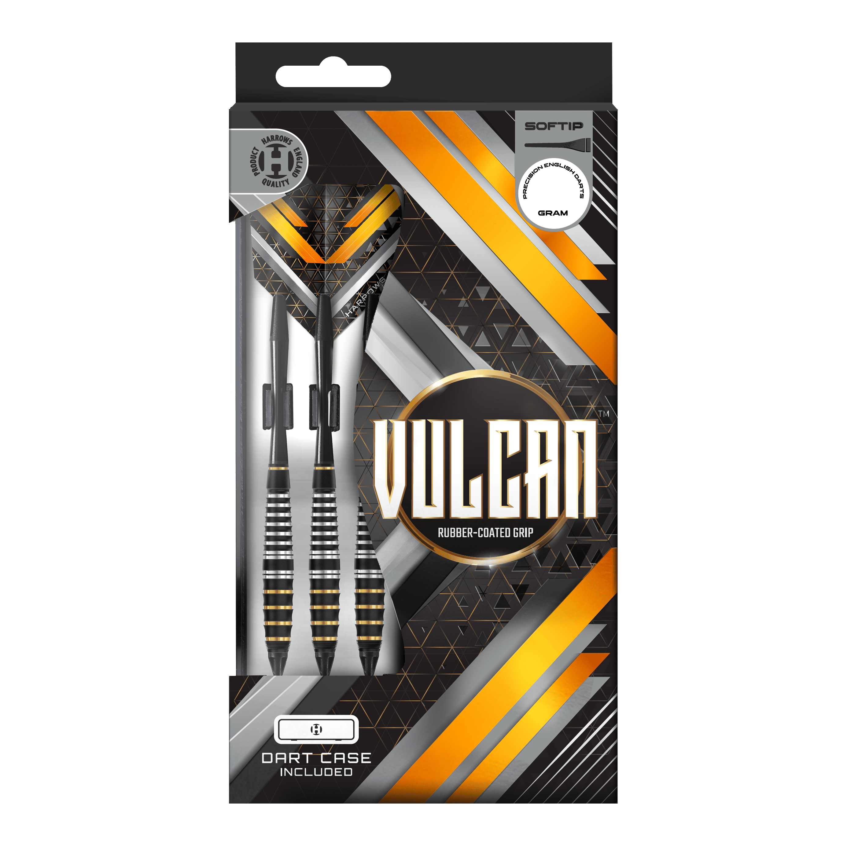 Zu sehen sind die Harrows Vulcan Softdarts. Diese Softdarts zeichnen sich durch ihr modernes Design aus.