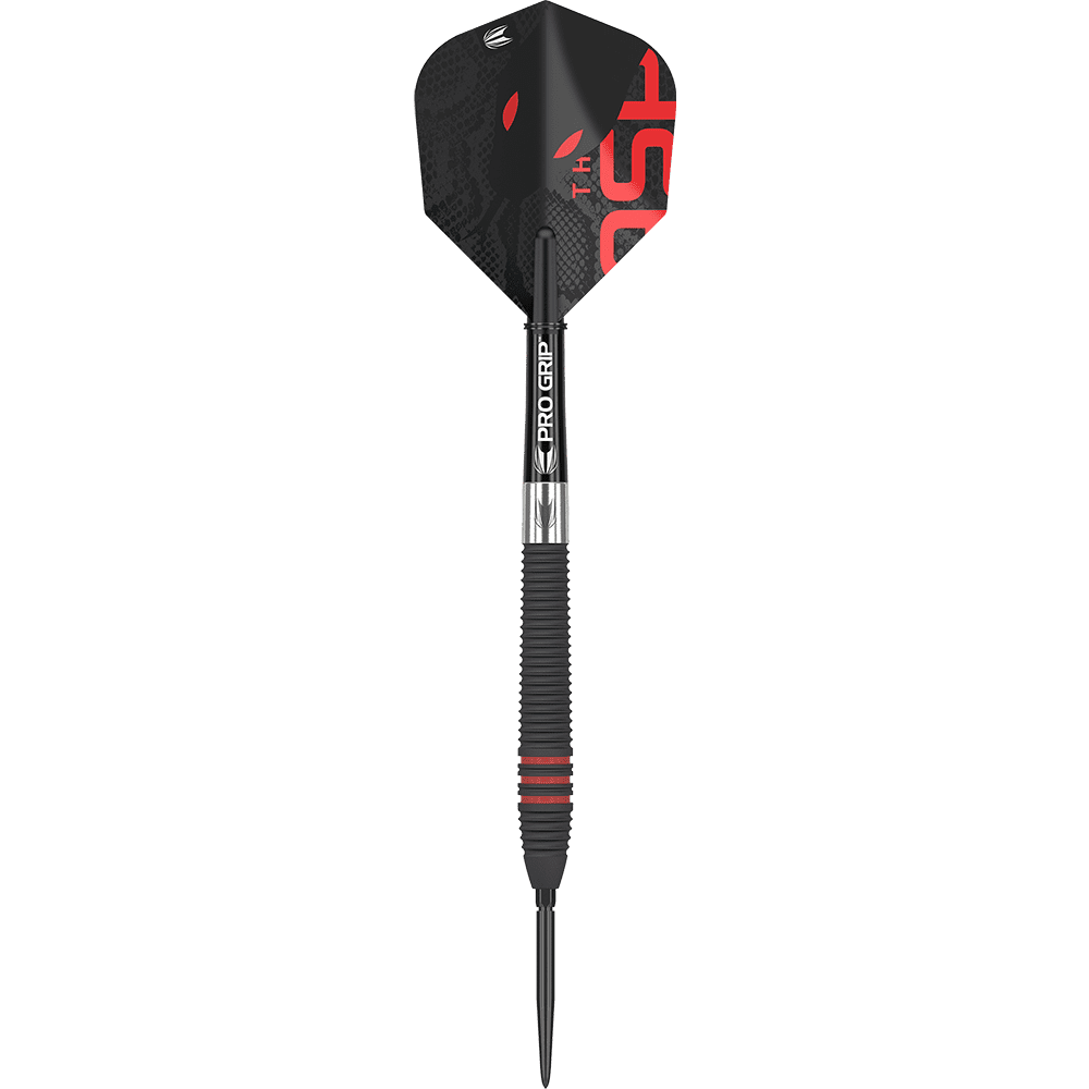 190216_Target_Nathan_Aspinall_Black_Swiss_Point_Steeldarts_1zPSANyFF44kZP Das Bild zeigt einen schwarzen Steeldart mit roten Akzenten. Auf dem Schaft steht "PRO GRIP" und das Flight hat ein auffälliges schwarzes und rotes Design.