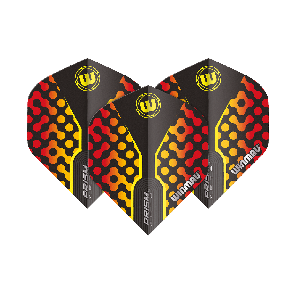 Das Bild zeigt drei Winmau Prism Zeta RedOrange Standard Flights. Die Flights sind schwarz mit roten und orangefarbenen Mustern sowie gelben Akzenten gestaltet.