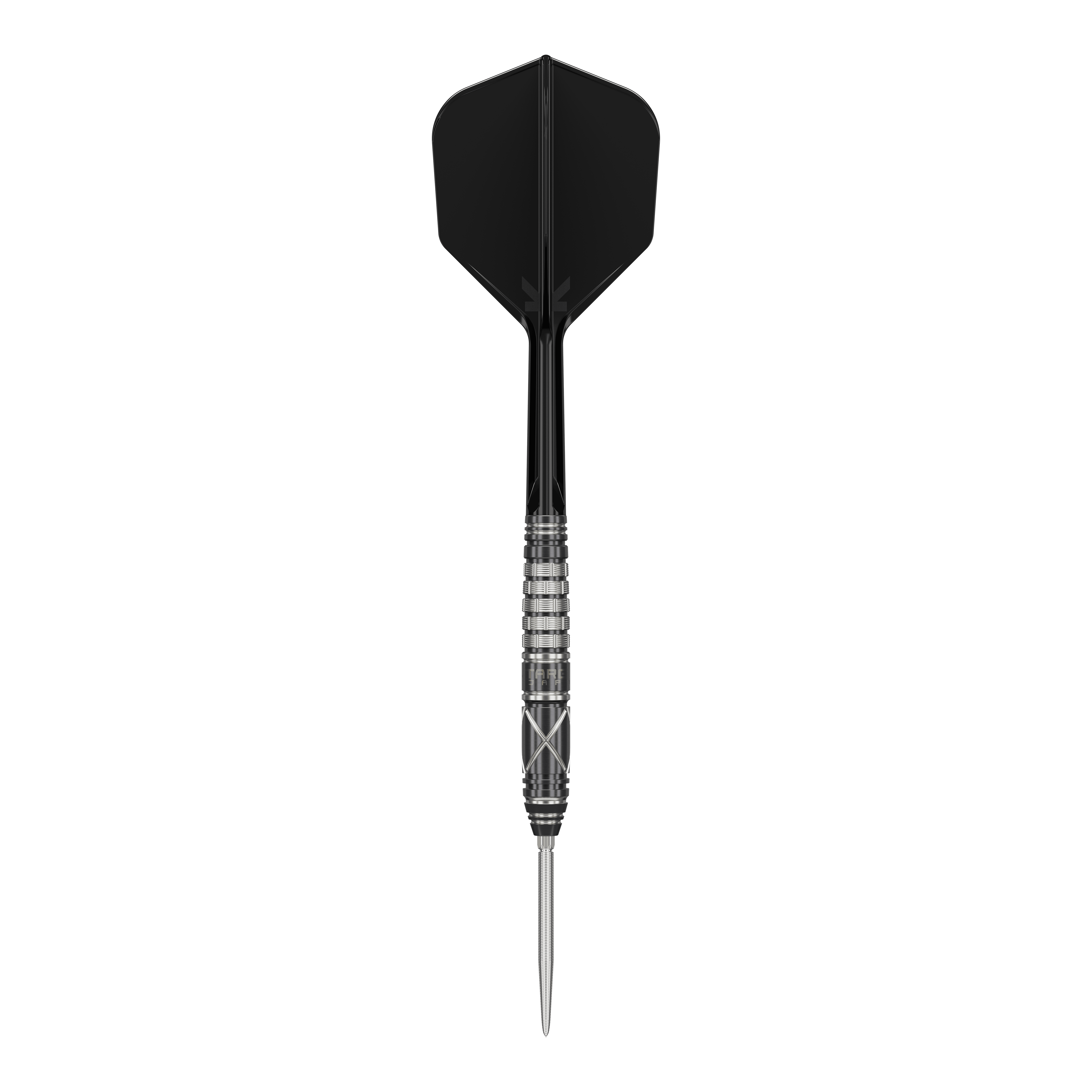 Target Japan Black Marque Chaos 2 SP Steeldarts Das Bild zeigt einen stilvollen Steeldartpfeil mit schwarzer Flight und silber-schwarzem Barrel. Es handelt sich um das Produkt "Target Japan Black Marque Chaos 2 SP Steeldarts".