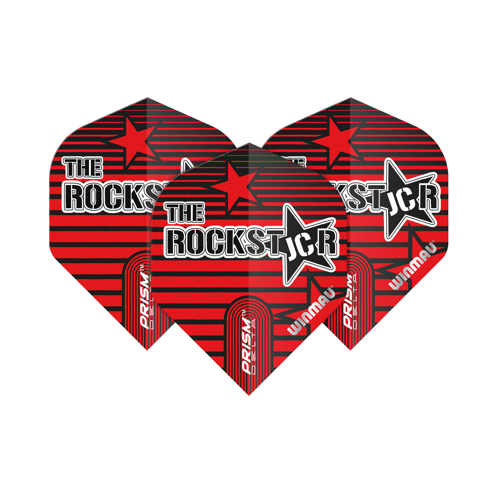 Das Bild zeigt drei Dartflights mit der Aufschrift "The Rockstar" in einem roten und schwarzen Design. Auf den Flights steht außerdem "Prism Delta" und "Winmau".