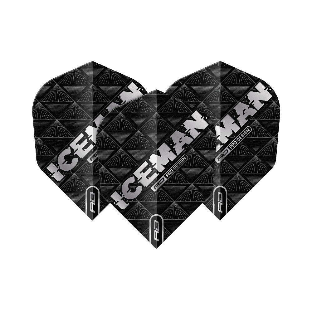 Das Bild zeigt drei schwarze Dartflights mit dem Aufdruck "ICEMAN" in weißer Schrift. Die Flights haben ein geometrisches Muster und sind von der Marke Red Dragon, Modell Gerwyn Price Iceman Black No6.
