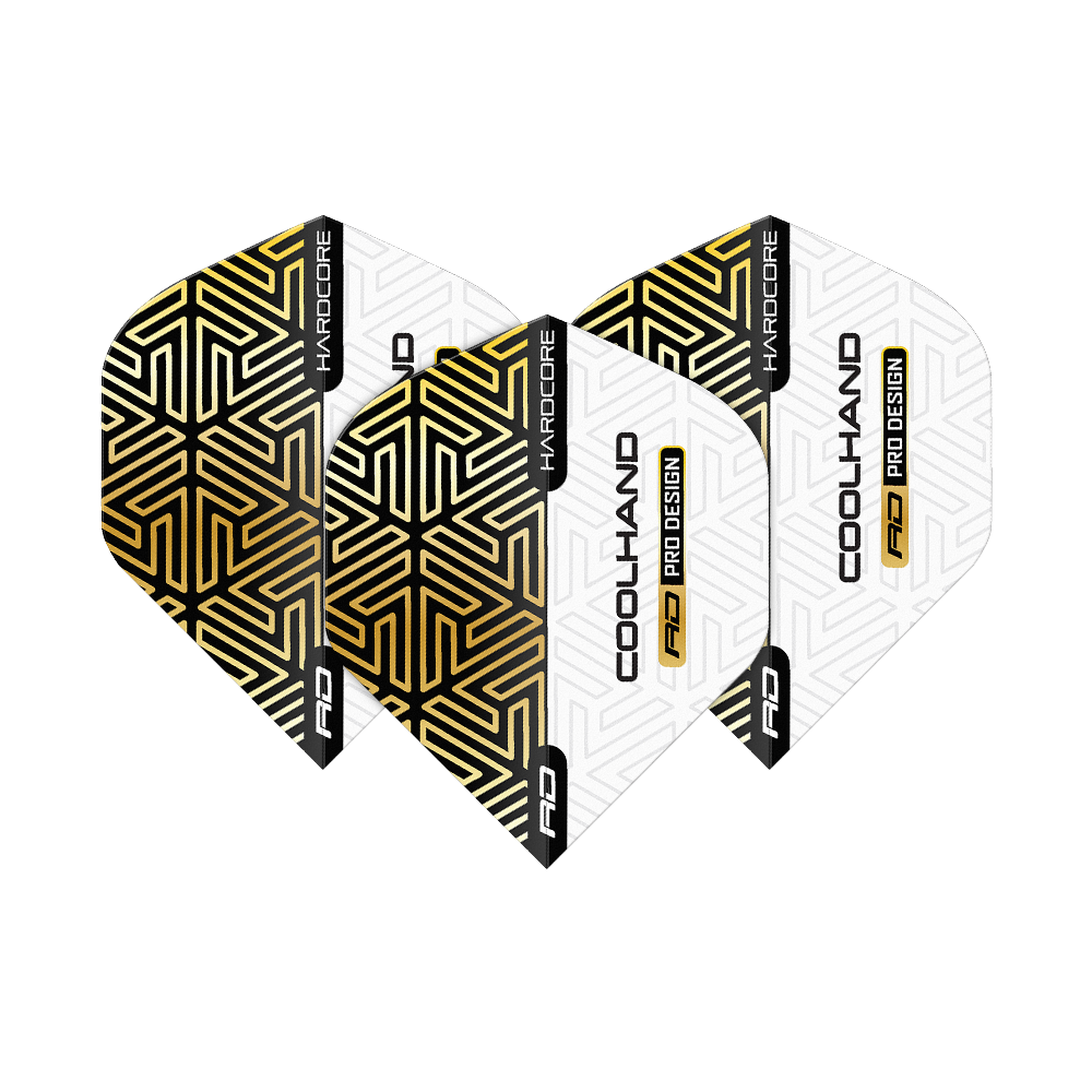 Das Bild zeigt die "Red Dragon Hardcore Luke Humphries Gold White Premium Standard Flights". Die Flights sind weiß mit gold-schwarzem geometrischem Muster und schwarzem Schriftzug.
