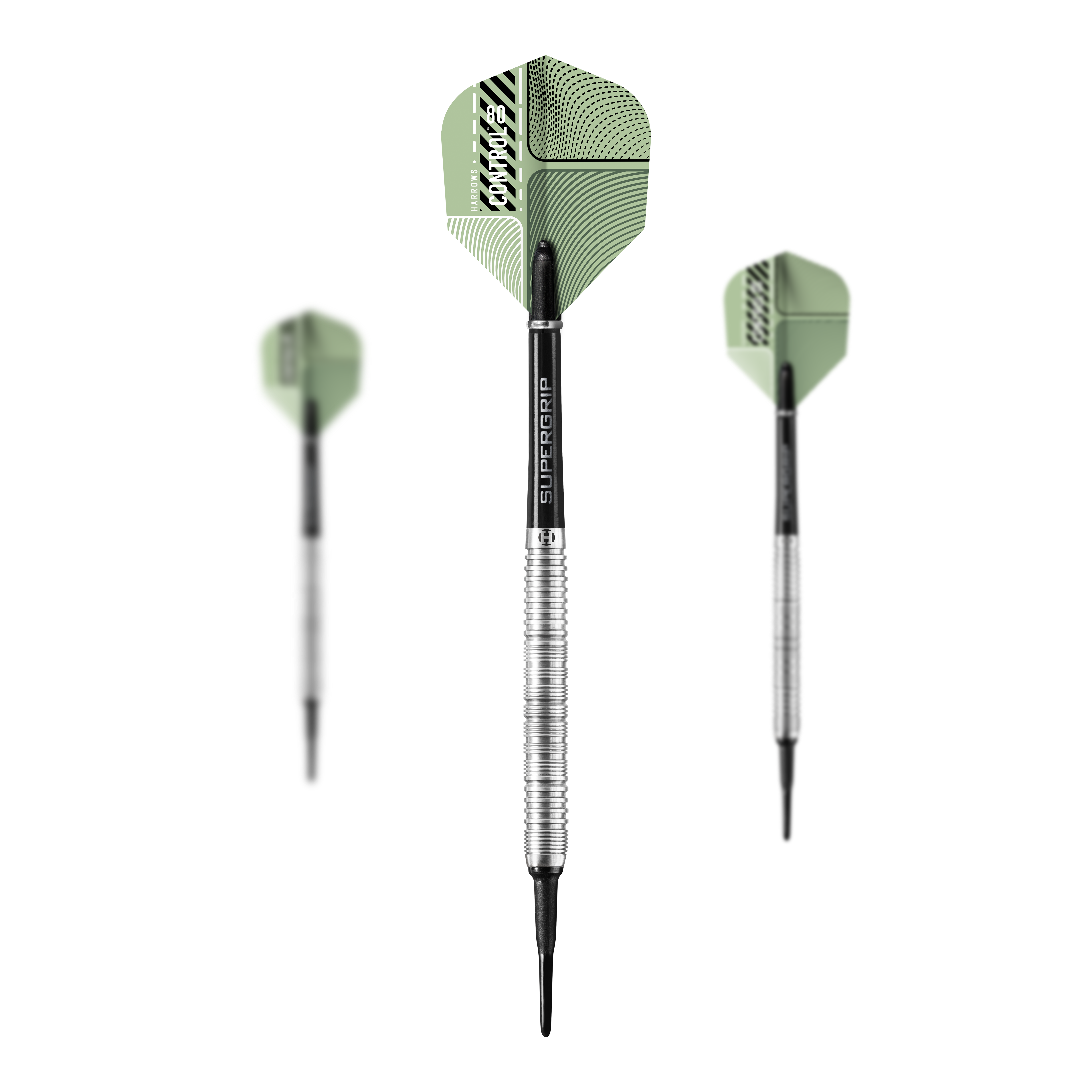 Das Bild zeigt drei Harrows Control Parallel Softdarts mit grünen Flights und silbernen Griffen. Die Dartpfeile sind von vorne und von der Seite zu sehen.