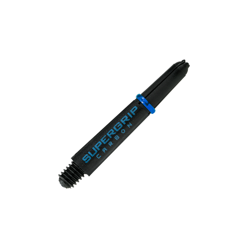 Das Bild zeigt einen Harrows Supergrip Carbon Shaft in der Farbe Aqua. Der Schaft ist überwiegend schwarz mit blauen Akzenten und der Aufschrift "SUPERGRIP CARBON".