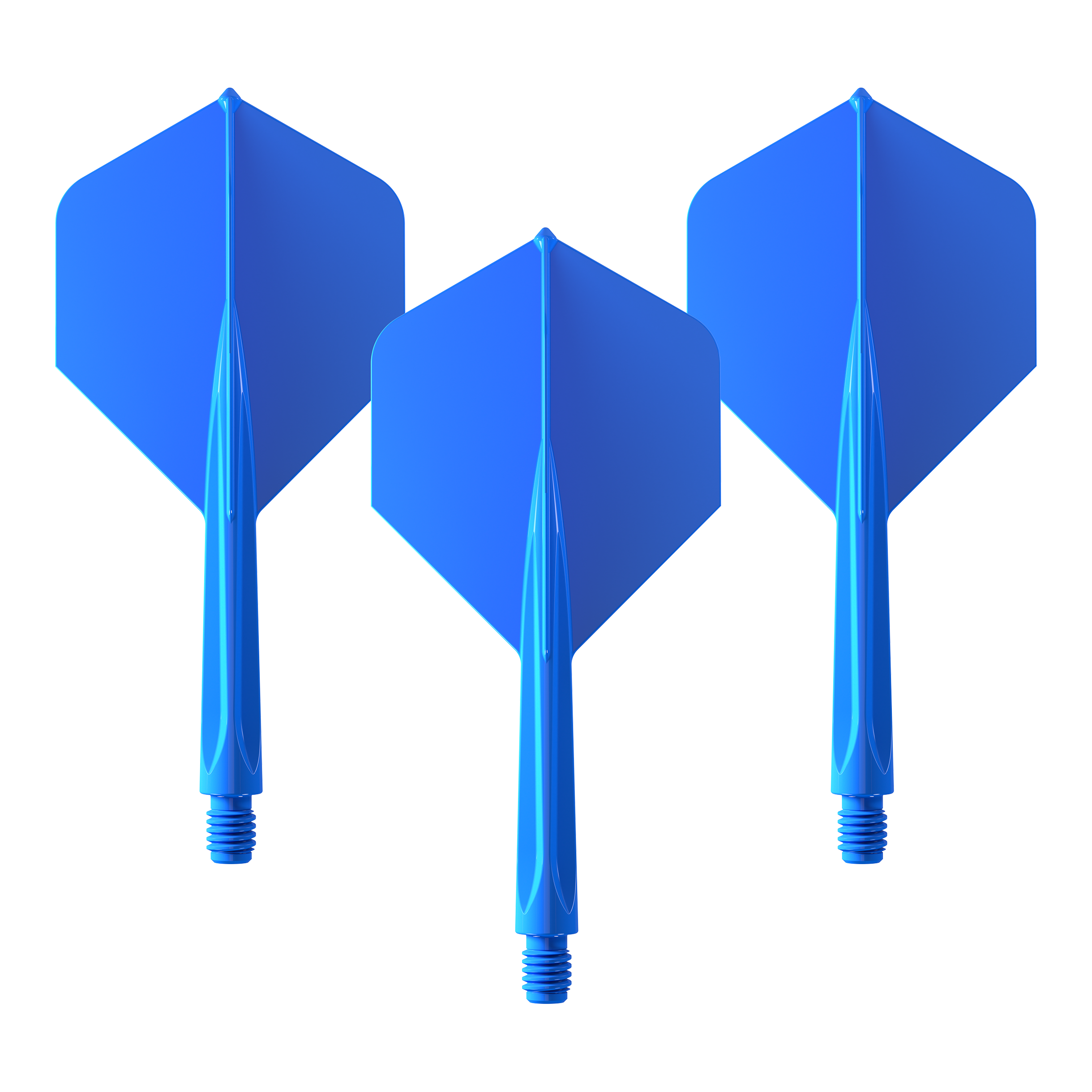 Unicorn Forge All In One Plus No2 Standard Flights Blau - Medium Das Bild zeigt drei blaue Dart-Flights des Produkts "Unicorn Forge All In One Plus No2 Standard Flights Blau - Medium". Sie sind mittelgroß und haben eine standardisierte Form.