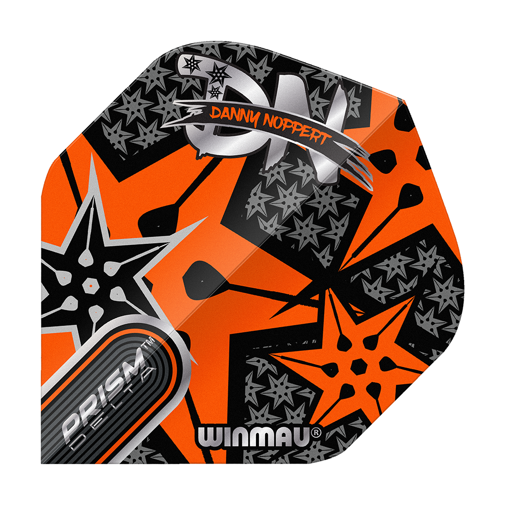 Das Bild zeigt ein buntes Dart-Flight mit orangefarbenem und schwarzem Sternmuster. Auf dem Flight stehen die Namen "Danny Noppert" und "Winmau Prism Delta".