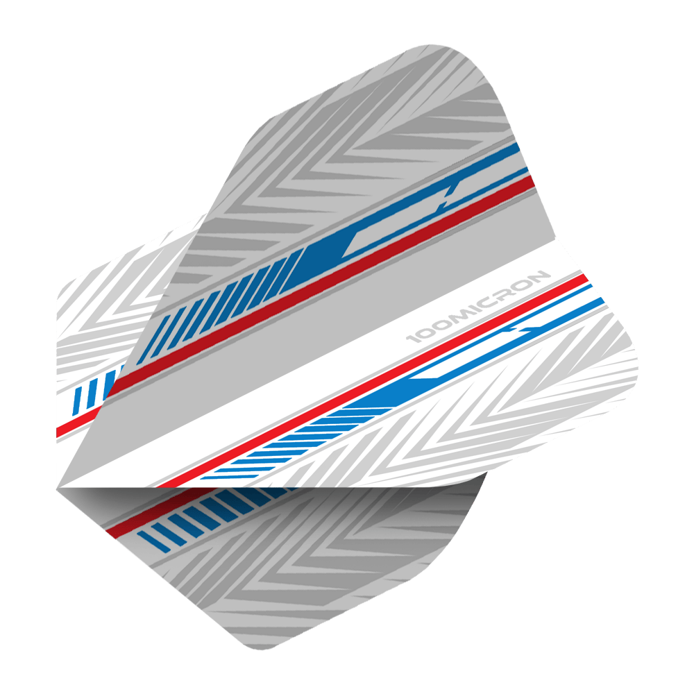 Pentathlon Flights weiß/blau/rot Das Bild zeigt einen Pentathlon White Blue Red No2 Standard Flight für Darts. Das Design besteht aus weißen, blauen und roten Streifen mit silbergrauen Mustern.