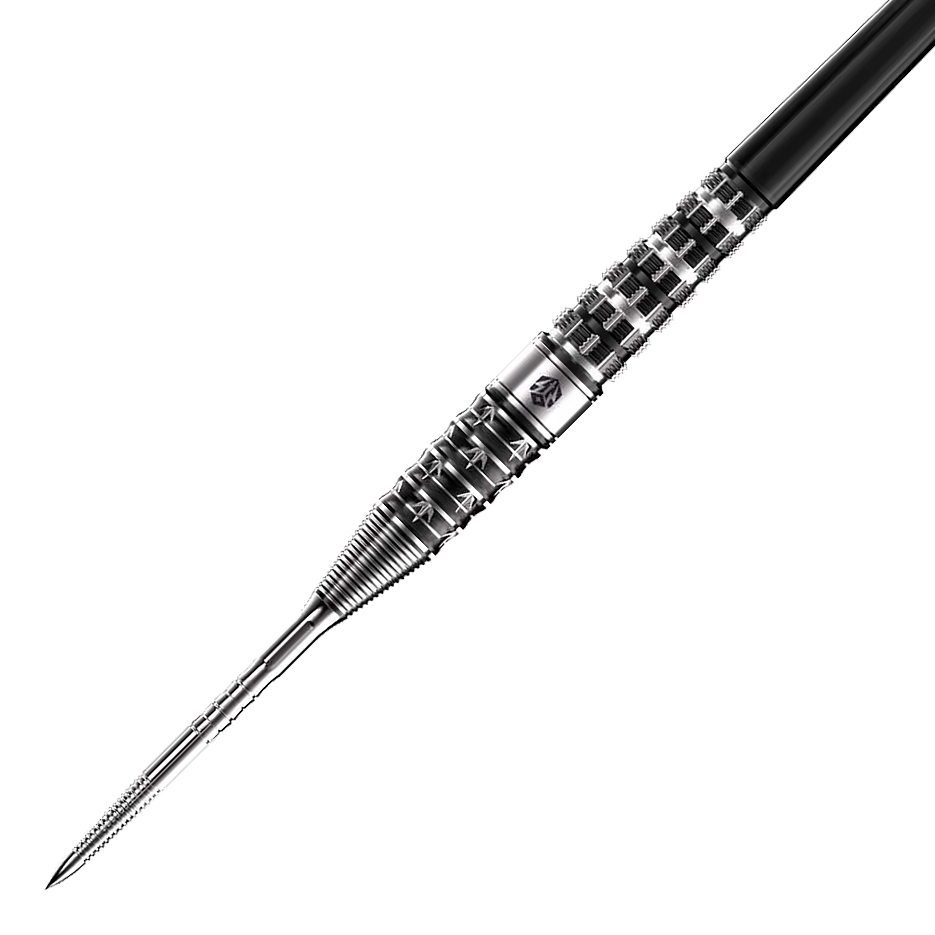 Caliburn Player The Pandaman Advanced Steeldarts - 23g Das Bild zeigt den Caliburn Player The Pandaman Advanced Steeldarts mit einem Gewicht von 23g. Der Dartpfeil hat ein silbernes, strukturiertes Metall-Design und eine scharfe Spitze.