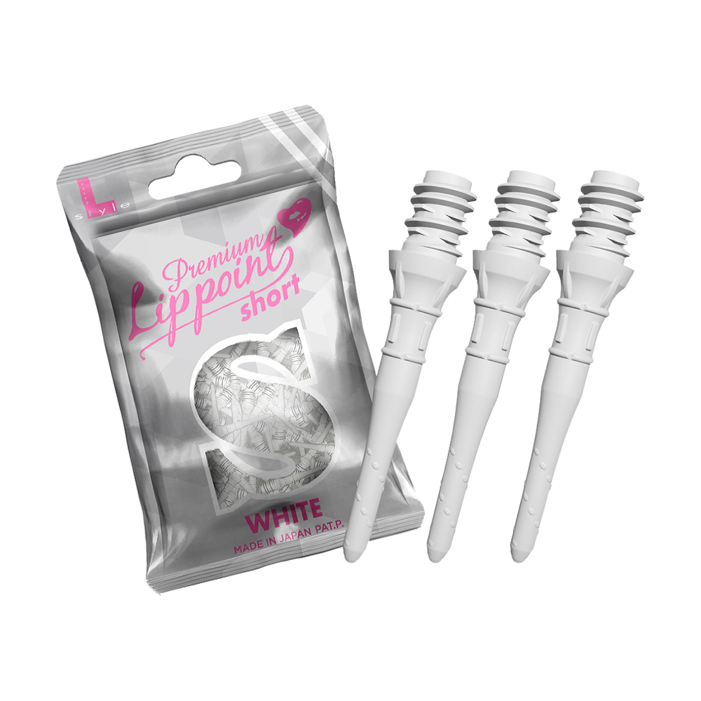 Auf dem Bild ist eine Verpackung mit der Aufschrift "Premium Lipppoint short" und drei weiße Dartspitzen zu sehen. Die Spitzen sind kurz und für Softdarts geeignet.