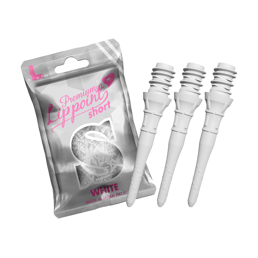 LIP38_L-Style_Premium_Lippoints_Short_Weiss_2 Auf dem Bild ist eine Verpackung mit der Aufschrift "Premium Lipppoint short" und drei weiße Dartspitzen zu sehen. Die Spitzen sind kurz und für Softdarts geeignet.