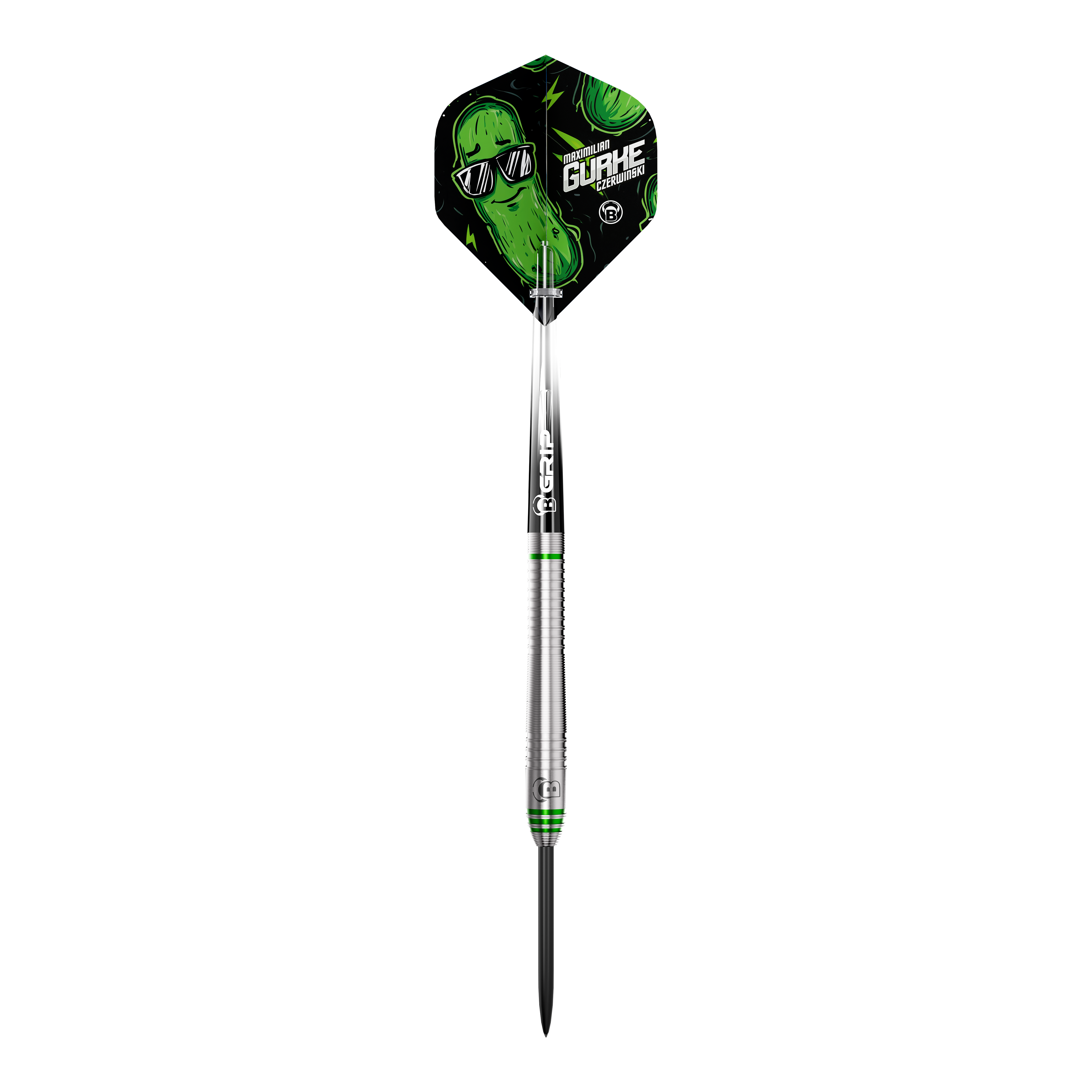 Hier sieht man die Bulls Max Czerwinski Gurke Steeldarts mit 23g. Die Darts zeichnen sich durch ihre besondere Form und Verarbeitung aus.