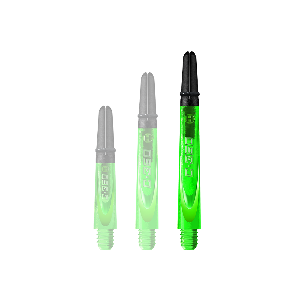Auf dem Bild sind drei leuchtend grüne Dartschäfte in unterschiedlichen Längen zu sehen. Jeder Schaft hat ein schwarzes Oberteil und die Aufschrift "C.360" auf der Seite.