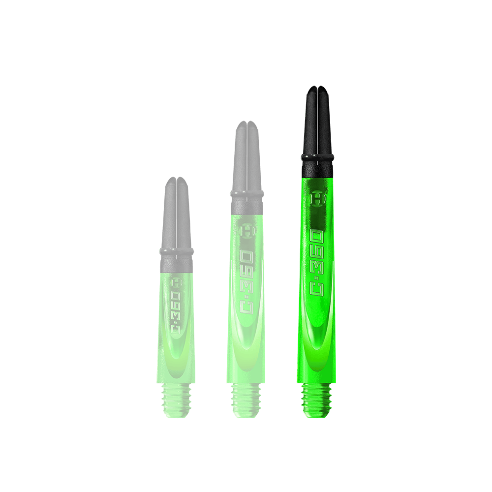 HR454_Harrows_Carbon_360_Shafts_Gr-n_49mm_1 Auf dem Bild sind drei leuchtend grüne Dartschäfte in unterschiedlichen Längen zu sehen. Jeder Schaft hat ein schwarzes Oberteil und die Aufschrift "C.360" auf der Seite.