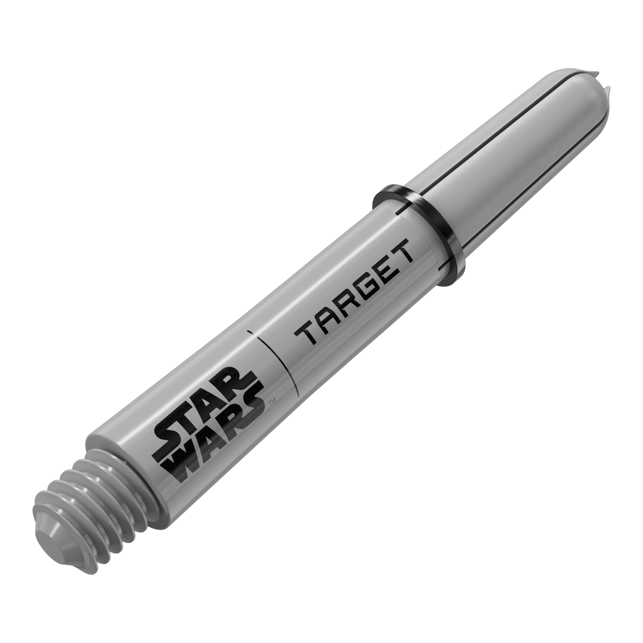 Target Star Wars ProGrip Shafts - Grau Dieses Bild scheint einen Target Star Wars Pro Grip Shaft in Grau, 34 mm zu präsentieren. Es handelt sich um eine weitere Perspektive der kurzen Variante.