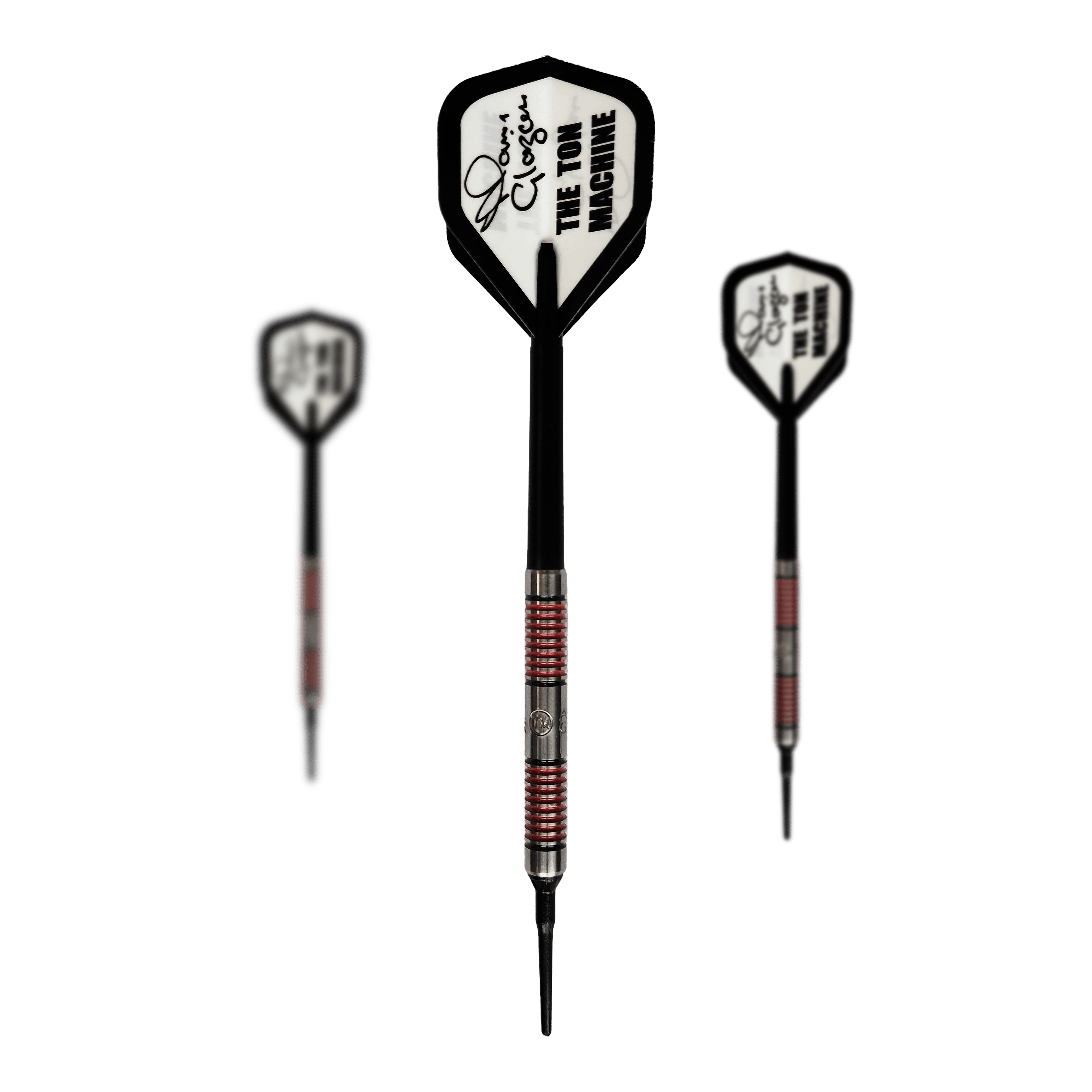 Das Bild zeigt drei Softdarts des Produkts "McKicks Alam Glazier Softdarts - 16g". Die Darts haben einen schwarz-roten Schaft und weiße Flights mit der Aufschrift "THE TON MACHINE".