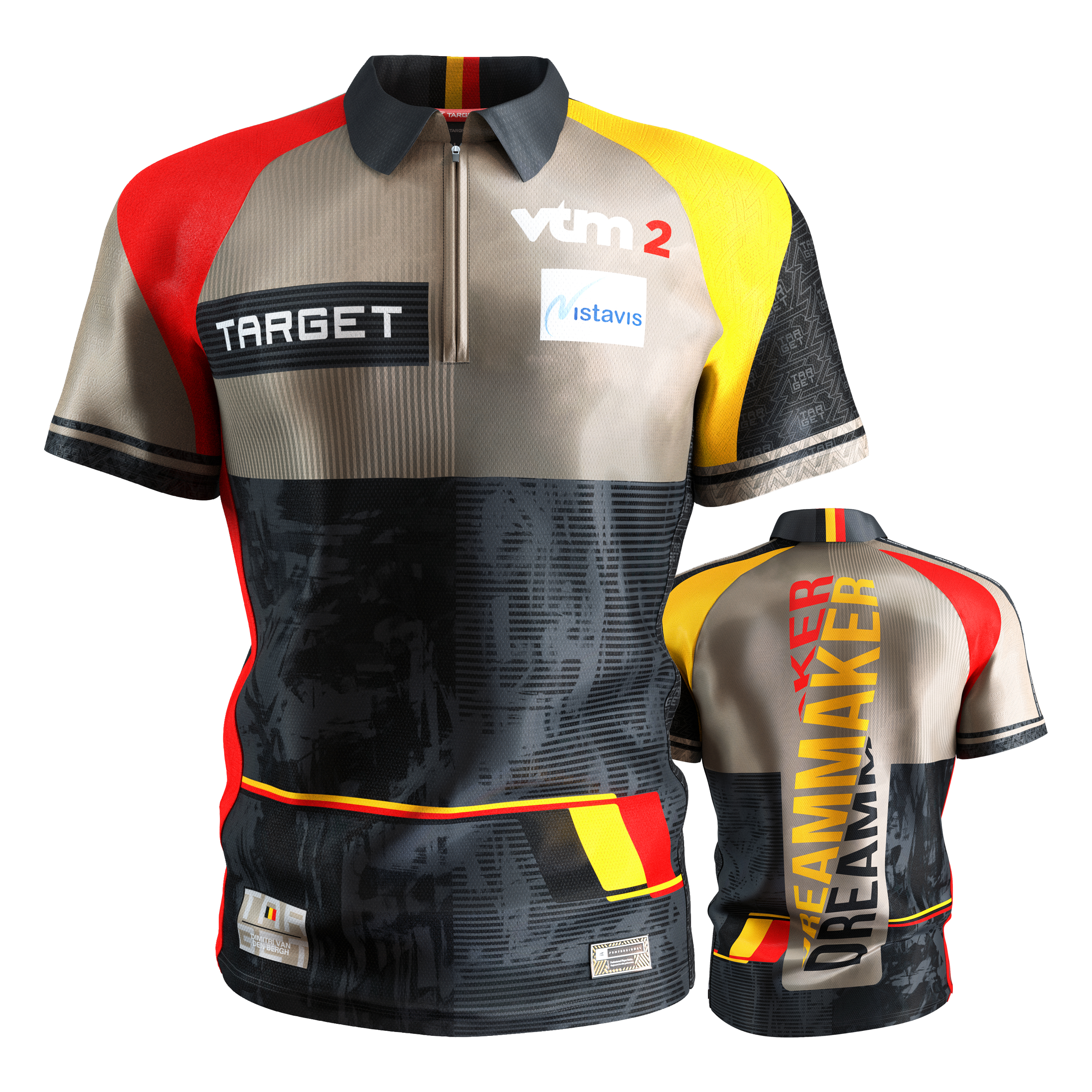 Target Coolplay Dimitri Van Den Bergh 2025 Dartshirt Das Bild zeigt das "Target Coolplay Dimitri Van Den Bergh 2025 Dartshirt" von vorne und hinten. Das Shirt ist bunt gestaltet mit den Farben Schwarz, Rot, Gelb und Beige und trägt verschiedene Logos sowie den Schriftzug "DREAMMAKER" auf der Rückseite.
