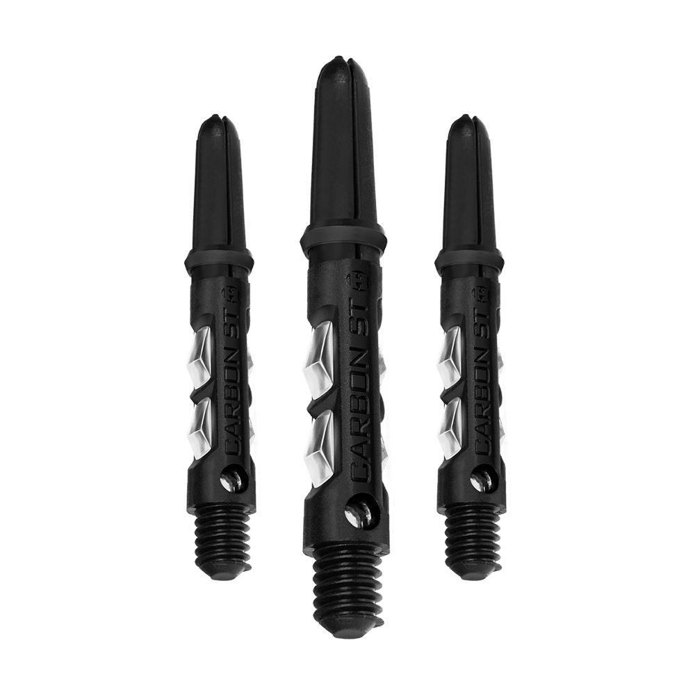 HR416_Harrows_Carbon_ST_Shafts_Clear_33mm_1 Das Bild zeigt drei klare Harrows Carbon ST Shafts. Sie sind schwarz mit silbernen Akzenten und eignen sich für Dartpfeile.