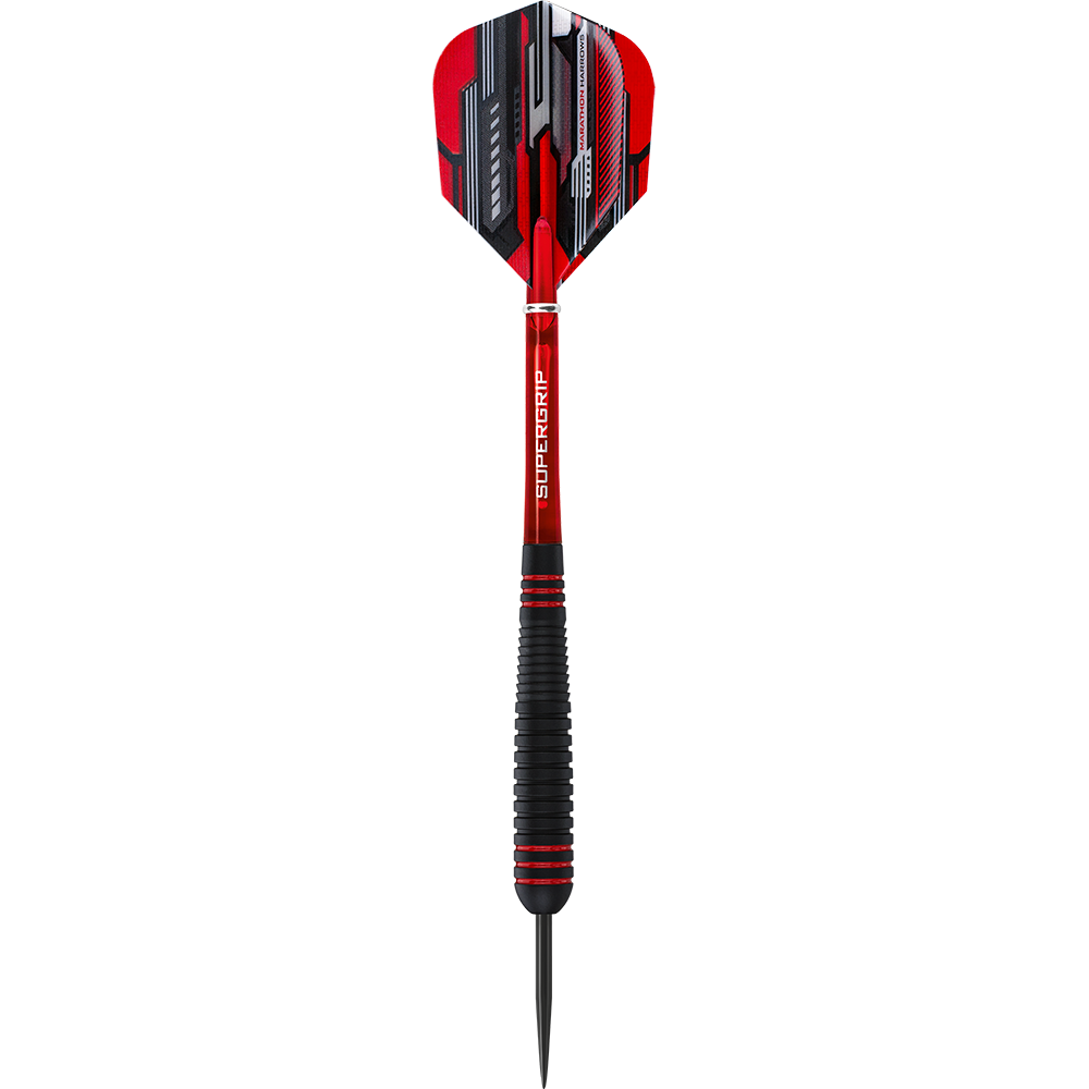 HA13746-Harrows-ACE-Rubber-Grip-Steeldarts-1zIA2wqelIZGIE Das Bild zeigt einen Harrows ACE Rubber Grip Steeldart. Der Dart hat ein rotes und schwarzes Design mit einem gummierten Griff für besseren Halt.