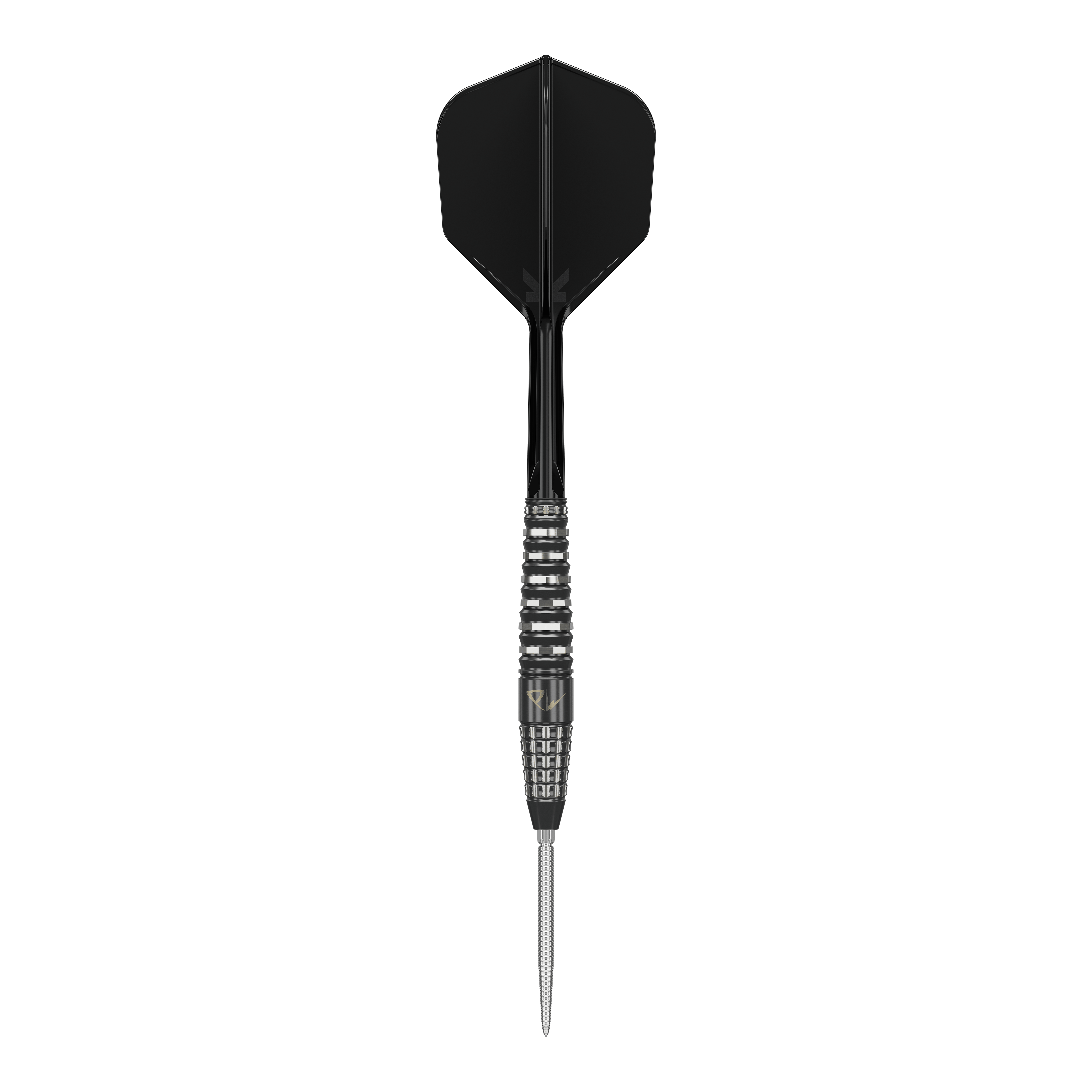 Das Bild zeigt einen Target Japan Black Marque PW Swiss Point Steeldart. Der Dart hat ein elegantes, schwarzes Design mit einer scharfen Spitze und geriffeltem Griff.