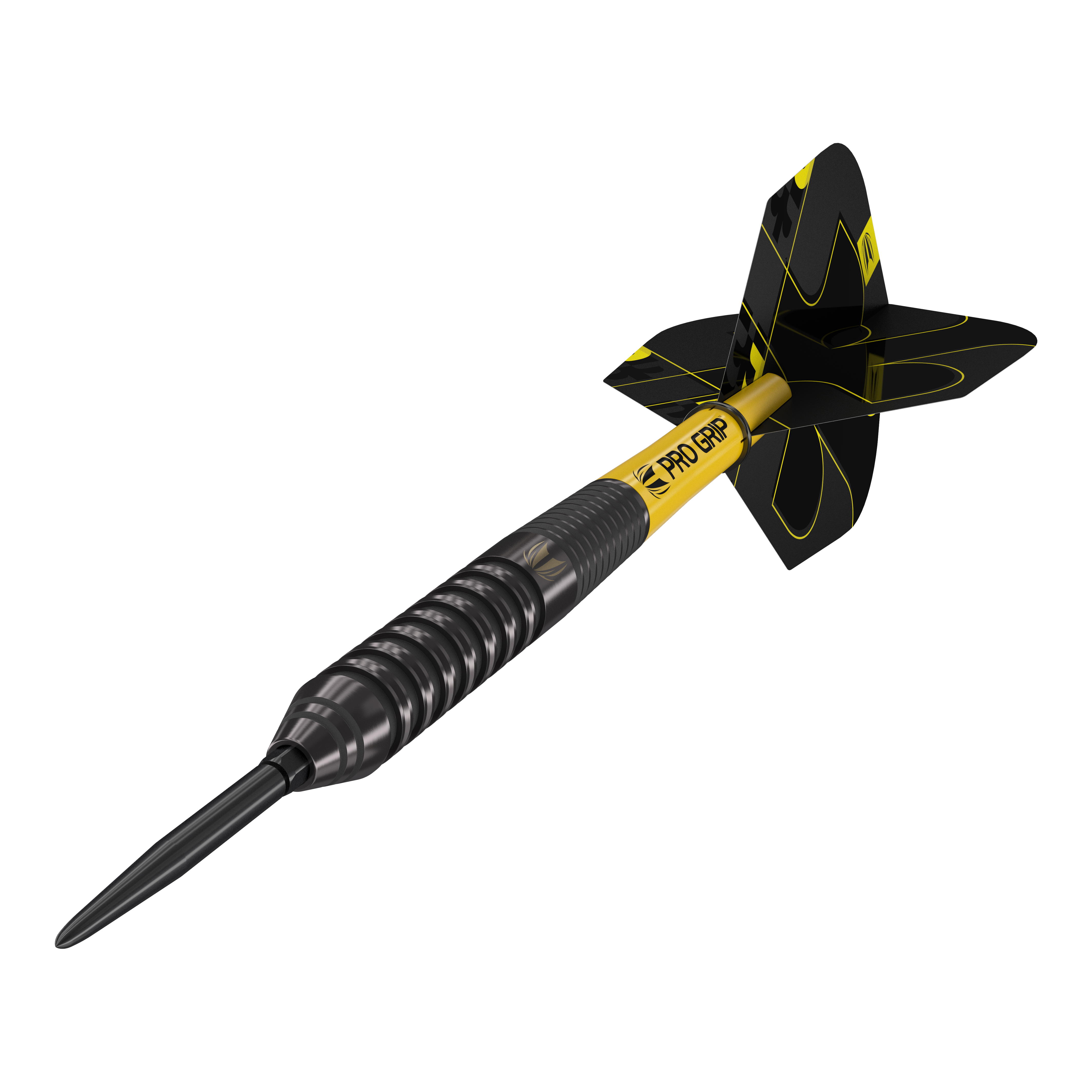 Das Bild zeigt einen Target Bolide Void 02 Swiss Point Steeldart. Der Dart ist schwarz mit gelben Akzenten und hat ein modernes, gerilltes Design.