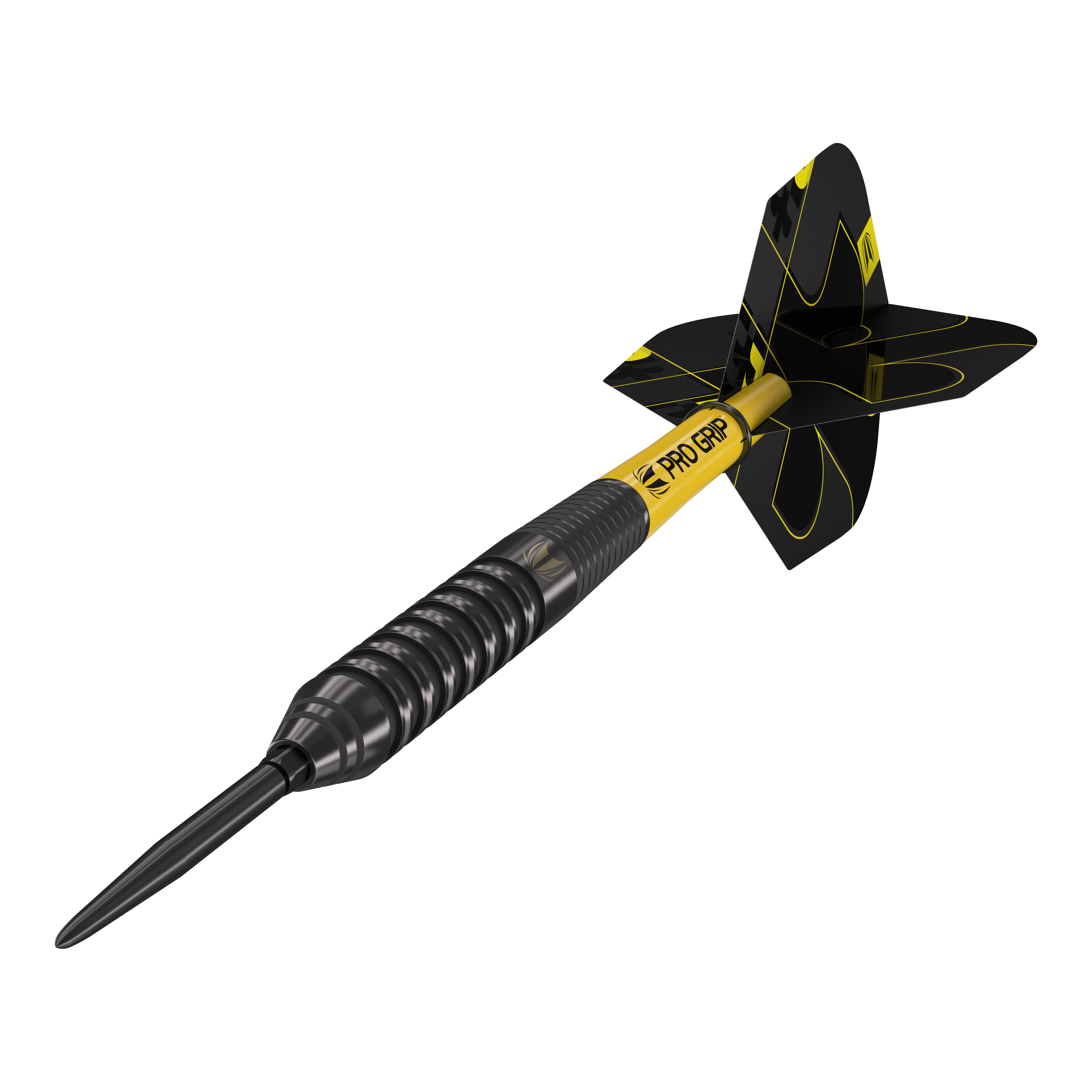 Target Bolide Void 02 Swiss Point Steeldarts Das Bild zeigt einen Target Bolide Void 02 Swiss Point Steeldart. Der Dart ist schwarz mit gelben Akzenten und hat ein modernes, gerilltes Design.