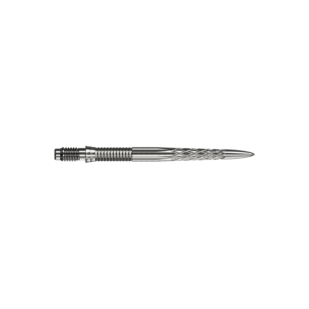 Mission R2.5 Rapid Point DSX Dartspitzen - Silber Abgebildet sind silberne Dartspitzen Mission R25 Rapid Point DSX mit einer Länge von 30mm. Die Spitzen werden aus zwei verschiedenen Blickwinkeln präsentiert.