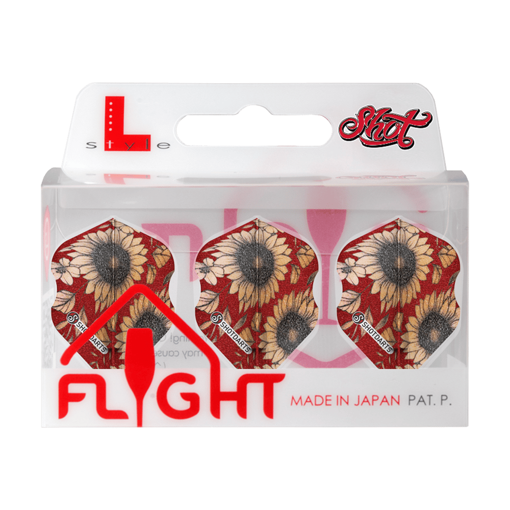 Das Bild zeigt eine Packung mit Shot L-Style Sunflower L1EZ Flights. Die Flights haben ein Sonnenblumenmuster auf rotem Hintergrund und sind in einer transparenten Verpackung zu sehen.