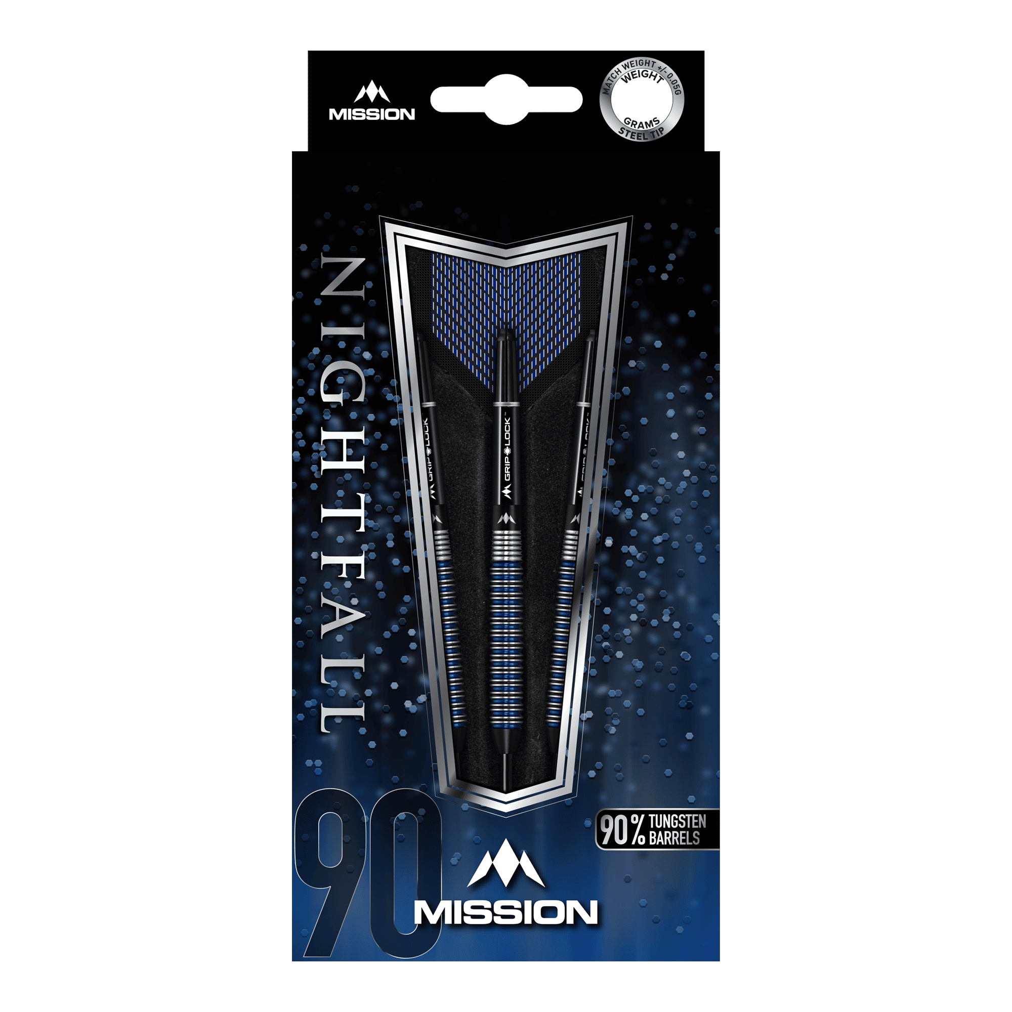 Auf dem Bild ist die Verpackung der "Mission Nightfall Model 2 Steeldarts" zu sehen. Die Darts bestehen zu 90 % aus Tungsten und sind in einer schwarzen und blauen Schachtel präsentiert.