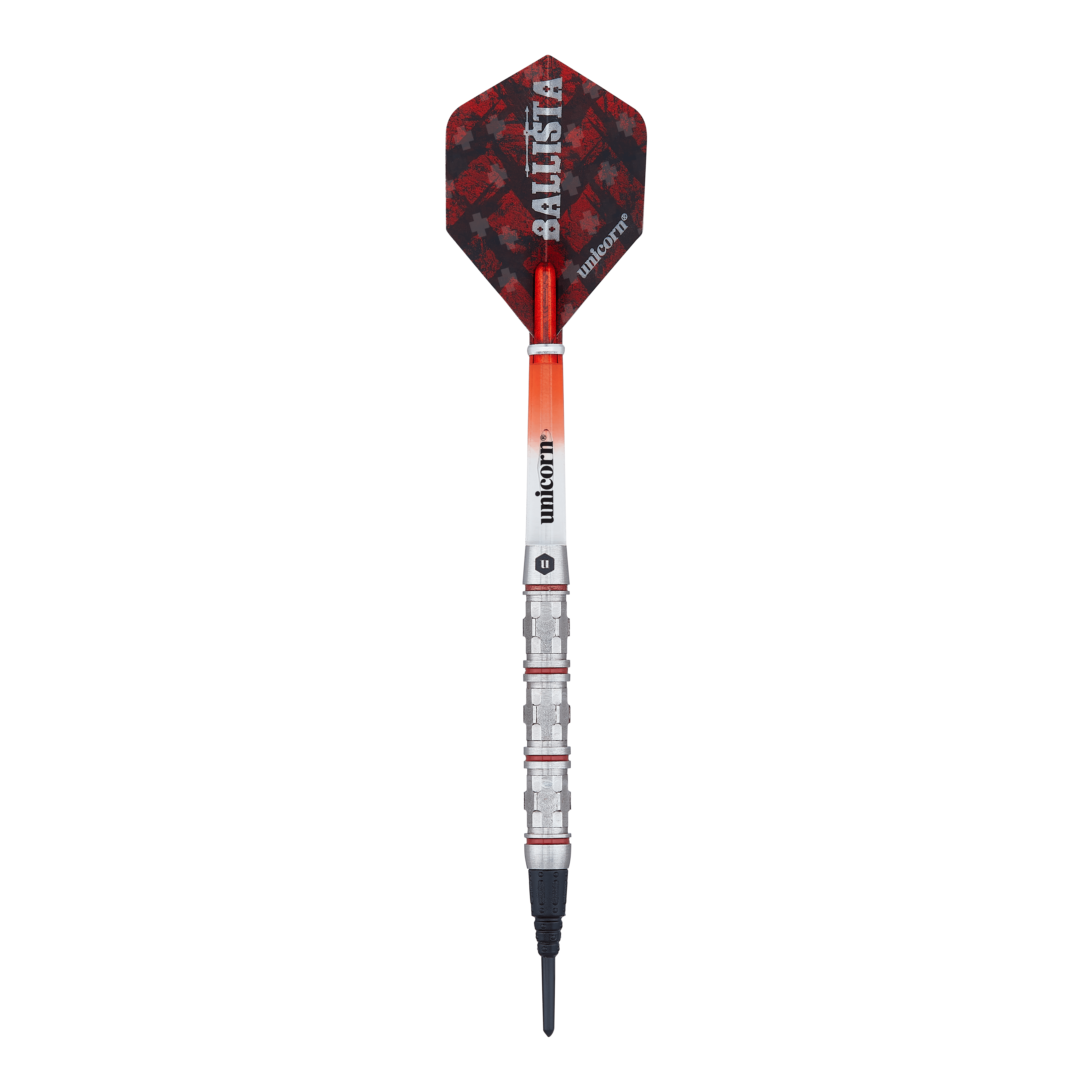 Das Bild zeigt einen Softdart der Marke Unicorn, Modell Ballista Style 4. Der Dart hat rote und schwarze Flights sowie einen silbernen, gerillten Barrel.