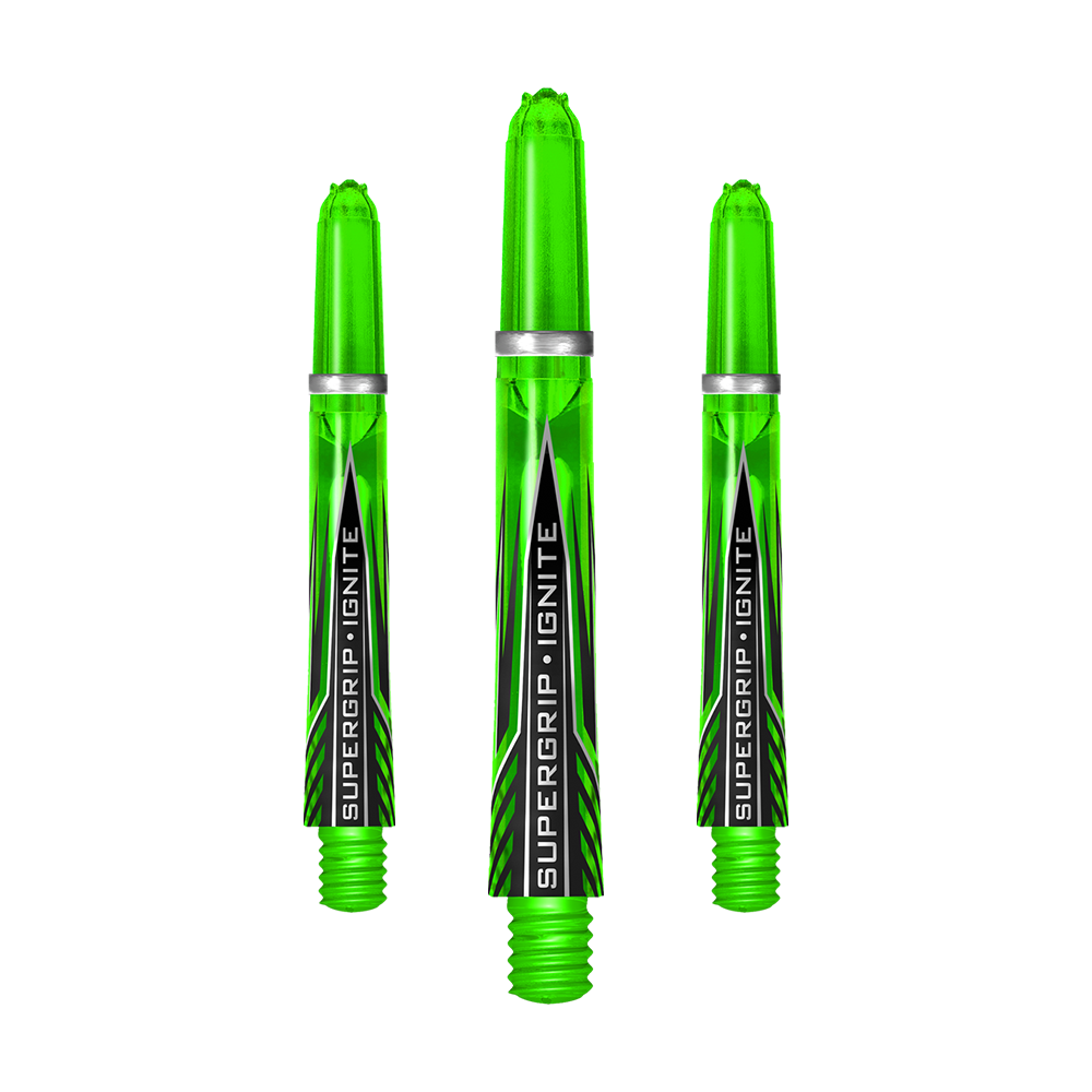 Das Bild zeigt drei grüne Harrows Supergrip Ignite Shafts. Sie sind nebeneinander angeordnet und haben ein modernes, transparentes Design mit schwarzer und silberner Beschriftung.