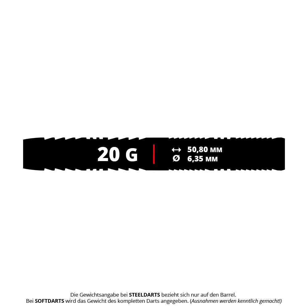 Red Dragon Seren 1 Pure Softdarts - 20g Das Bild zeigt die Maße und das Gewicht des Produkts "Red Dragon Seren 1 Pure Softdarts - 20g". Der Dart wiegt 20 Gramm, ist 50,80 mm lang und hat einen Durchmesser von 6,35 mm.