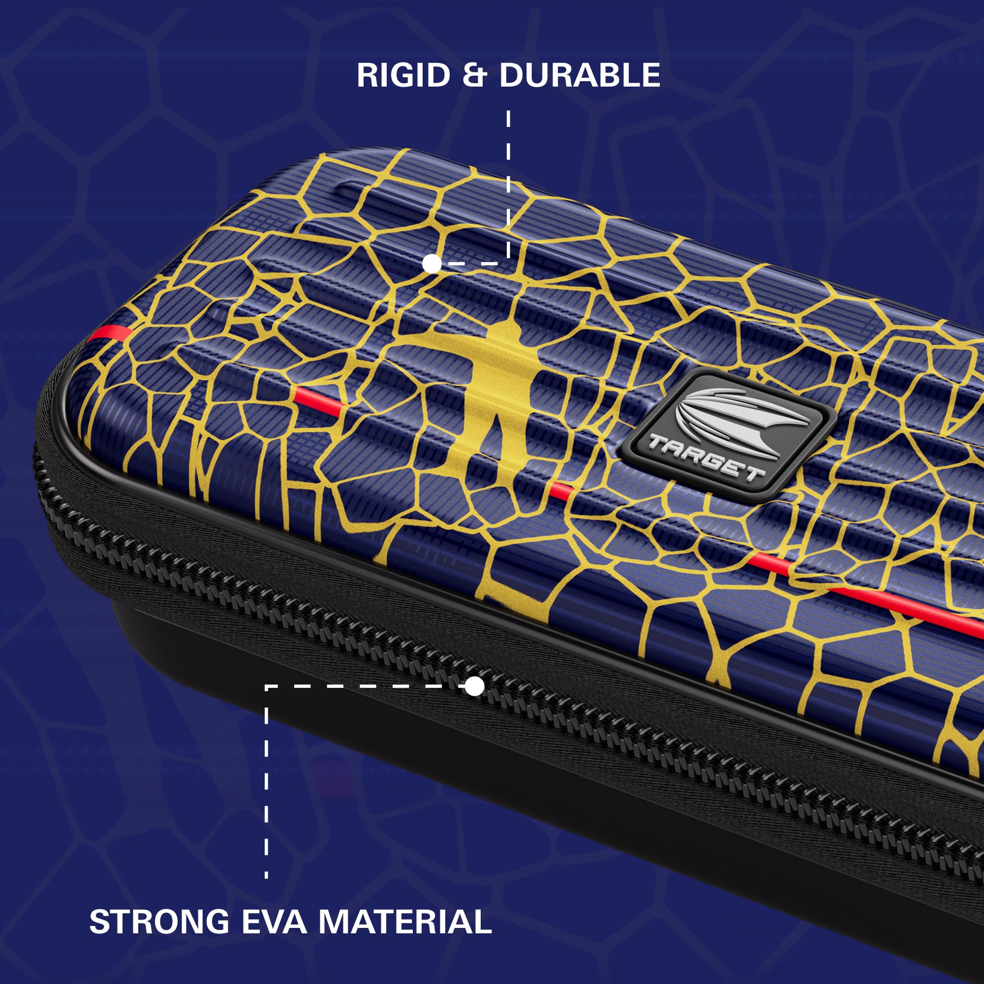 Target Takoma Josh Rock Dartcase Das Bild zeigt das „Target Takoma Josh Rock Dartcase“ mit einem auffälligen blauen und gelben Design. Es wird hervorgehoben, dass das Etui aus starkem EVA-Material gefertigt und besonders robust und langlebig ist.