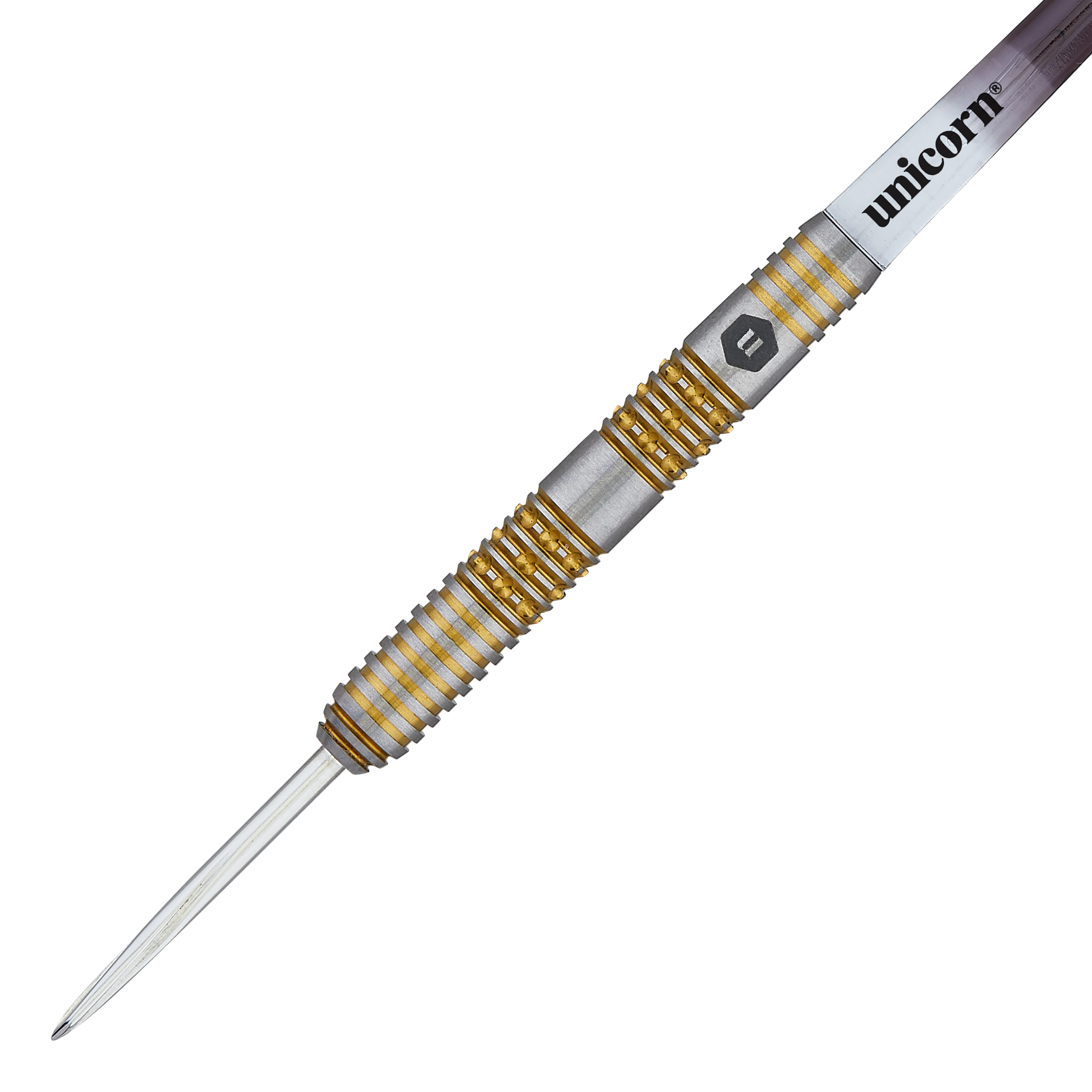 Das Bild zeigt einen Unicorn Pro-Tech Style 6 Steeldart mit einem Gewicht von 23g. Der Dartpfeil hat silberne und goldene Rillen auf dem Griffstück sowie eine spitze Stahlspitze.