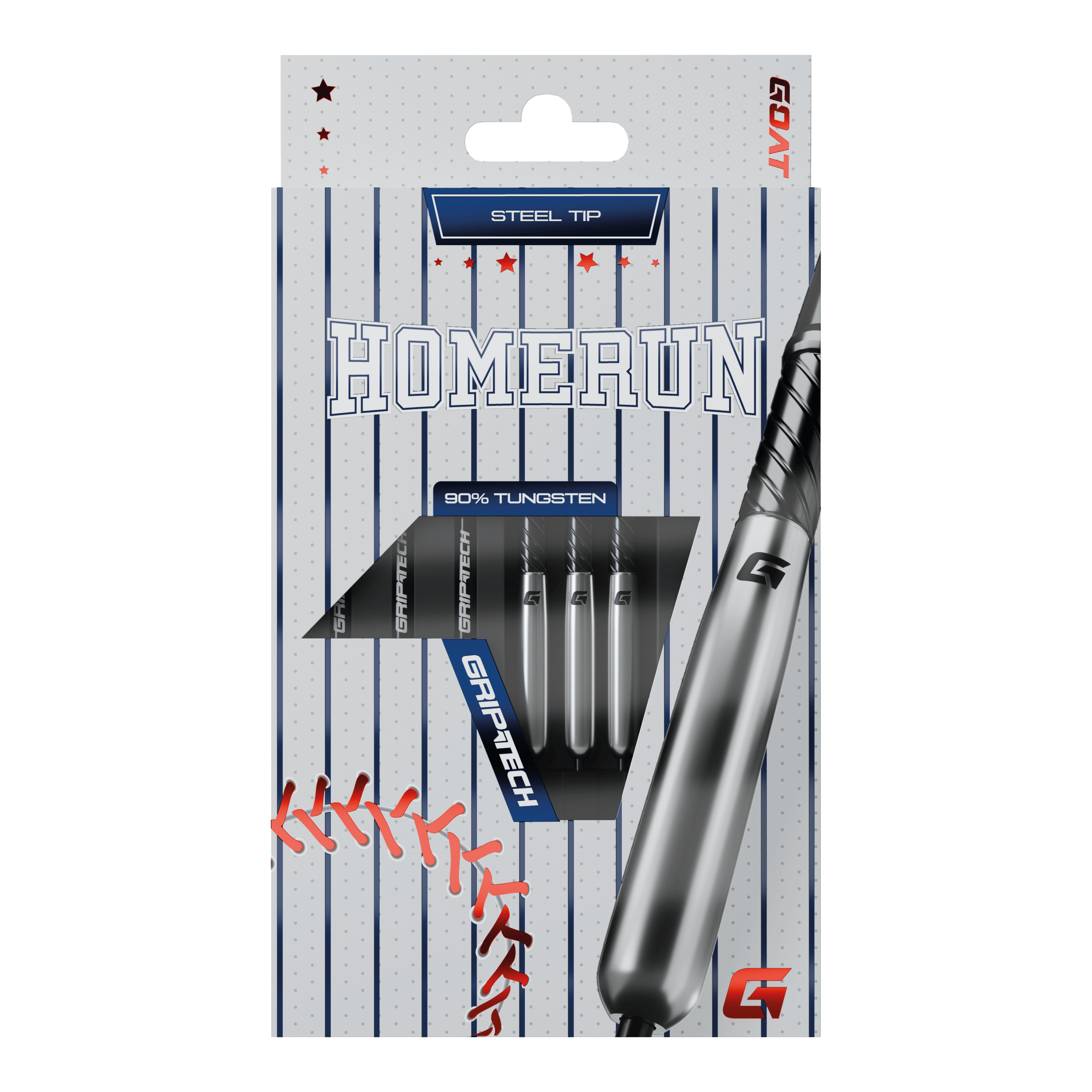 Das Bild zeigt die Verpackung der "GOAT Homerun Baseball Tungsten Steeldarts" mit Stahlspitze. Auf der Vorderseite sind drei Darts sowie baseballtypische Designelemente abgebildet.