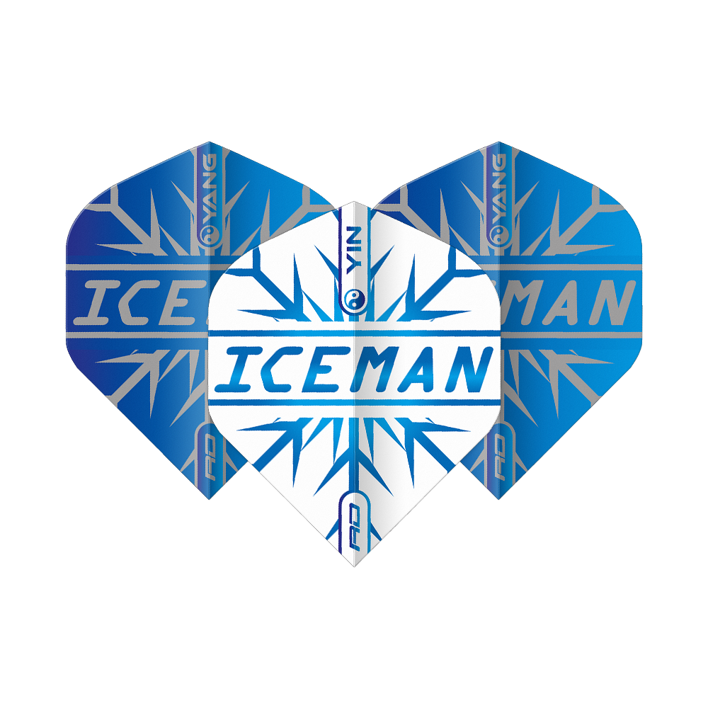 Das Bild zeigt blaue und weiße Dart-Flights mit dem Aufdruck "ICEMAN" in der Mitte. Das Design ist mit eisähnlichen Mustern und den Worten "Yin Yang" verziert.