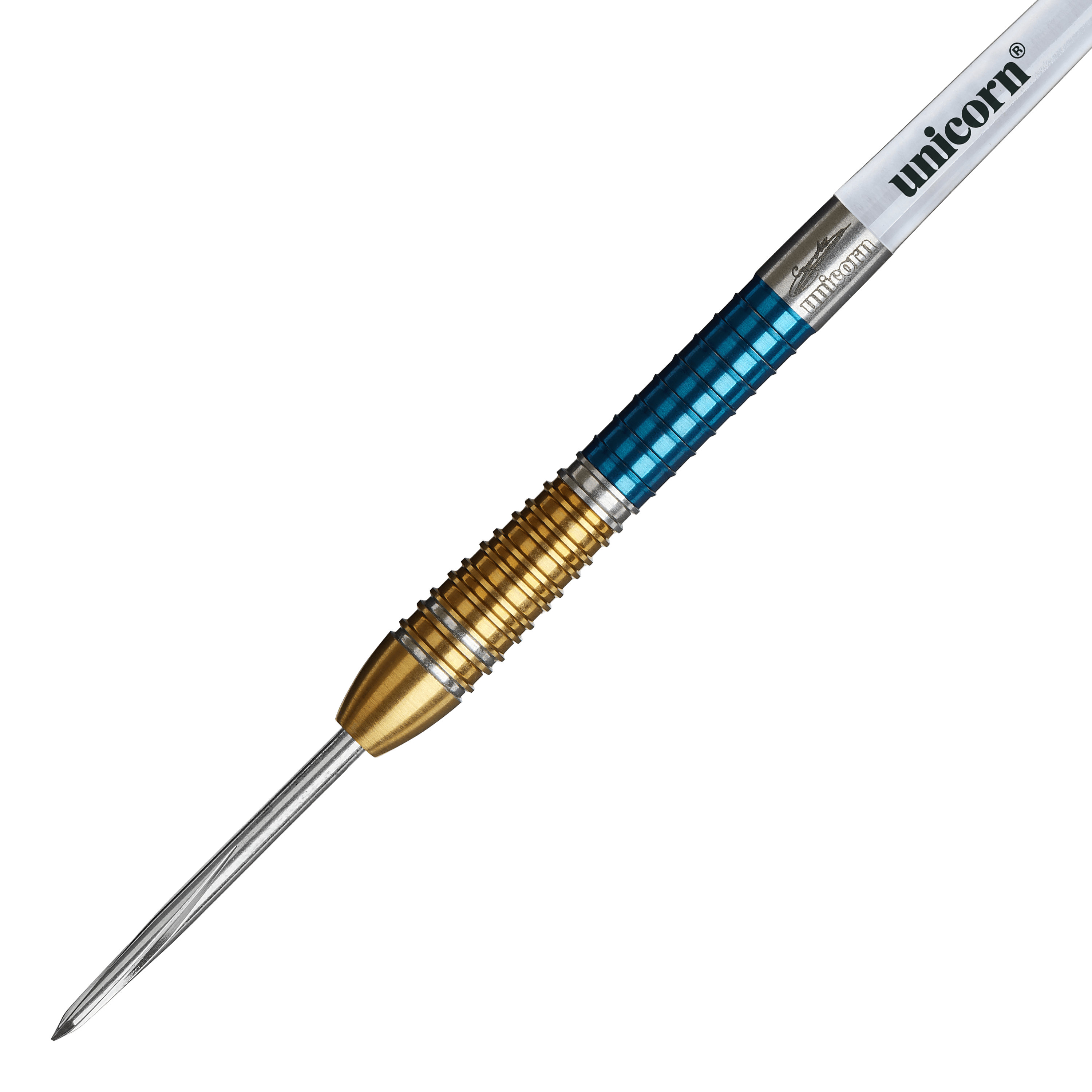 Dies ist ein Unicorn Gary Anderson Duo Phase 6 Steeldart. Der Dart hat einen goldenen und blauen Griffbereich sowie eine silberne Spitze.