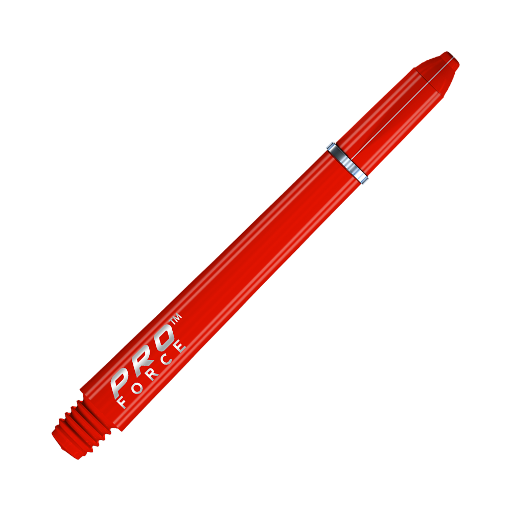 Das Bild zeigt einen roten Winmau Pro-Force Shaft für Darts. Auf dem Schaft steht in weißer Schrift "PRO FORCE".