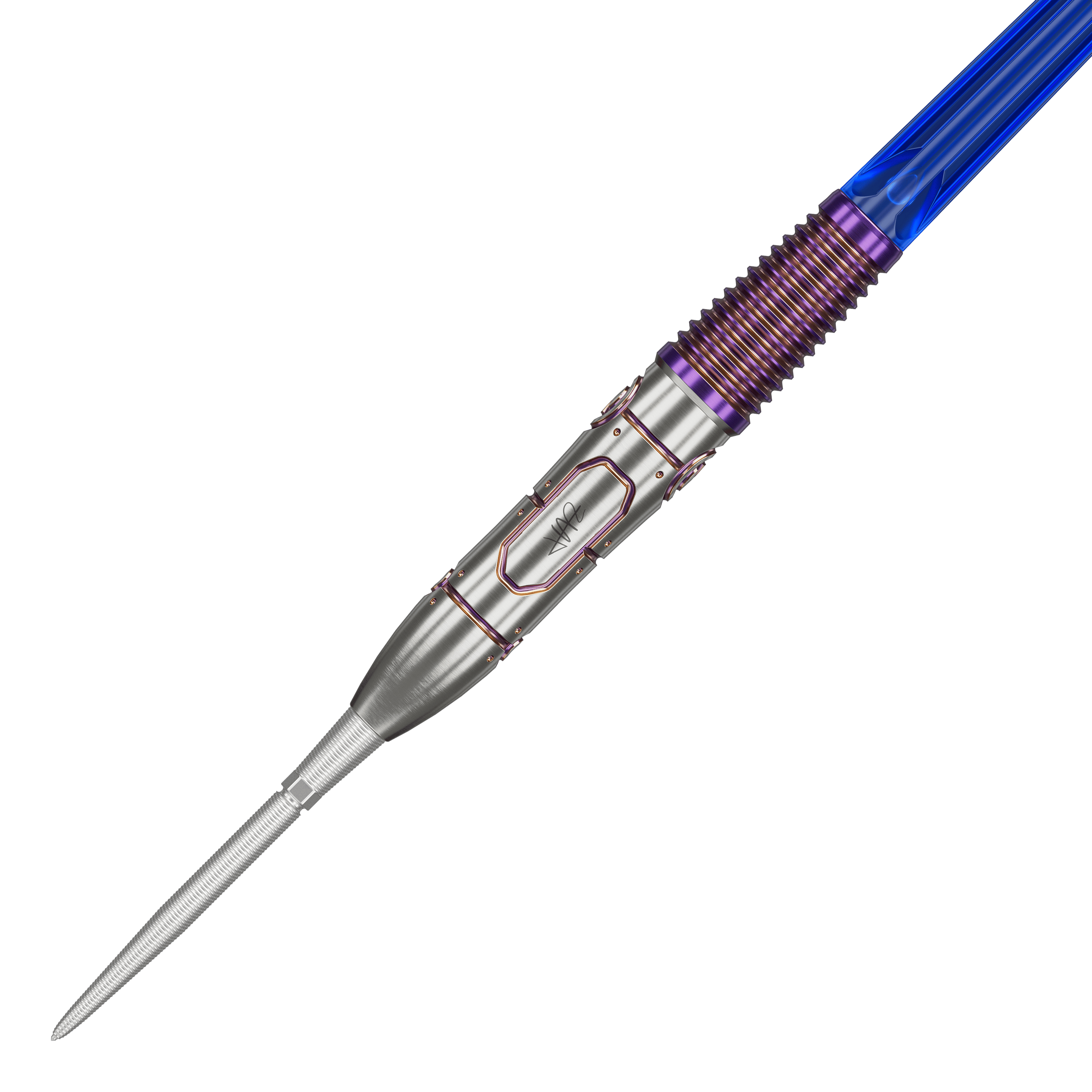 Das Bild zeigt einen Target Japan Haruki Muramatsu Rising Sun GEN9 Steeldart mit einem Gewicht von 23g. Der Dart hat ein auffälliges Design mit silberner Spitze, violetten Akzenten und einem blauen Schaft.