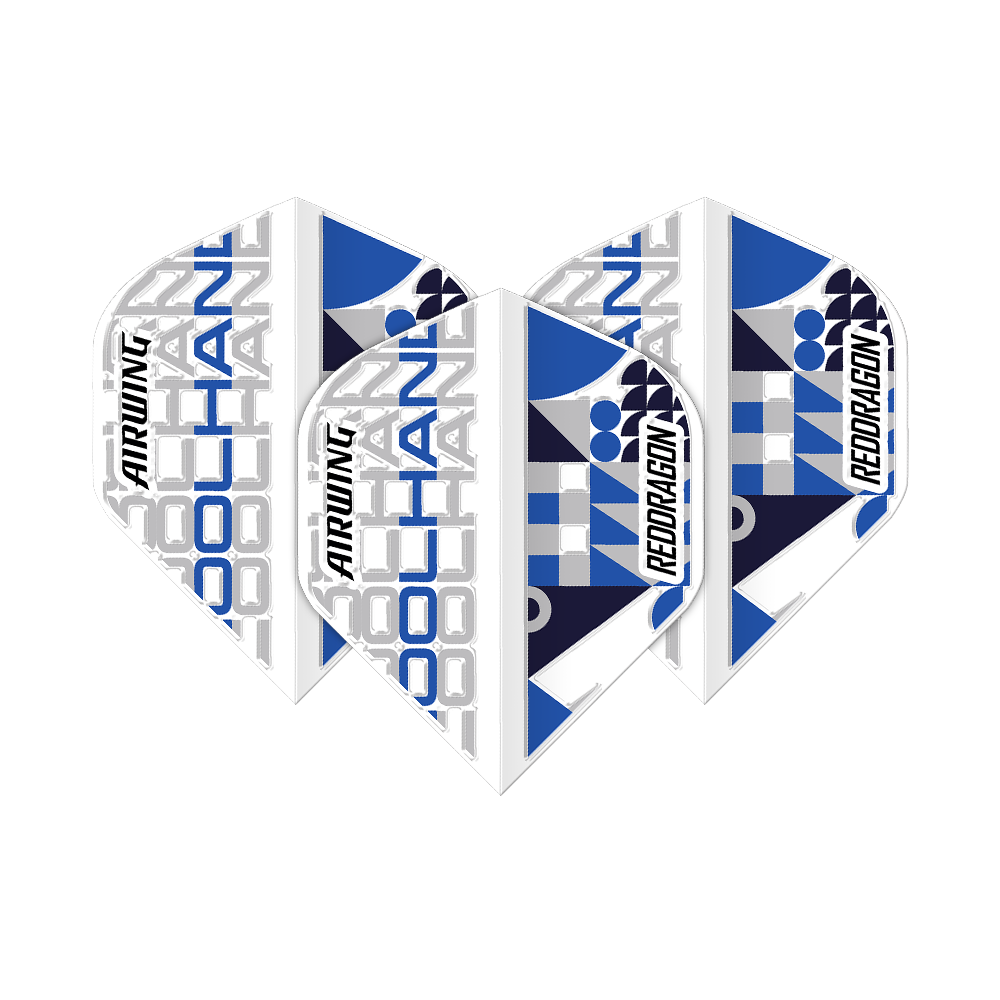 Red Dragon Airwing Luke Humphries White Standard Flights Das Bild zeigt drei Dart-Flights des Produkts "Red Dragon Airwing Luke Humphries White Standard Flights". Die Flights sind überwiegend weiß mit blauen und grauen grafischen Elementen sowie der Aufschrift "COOL HAND", "AIRWING" und "RED DRAGON".