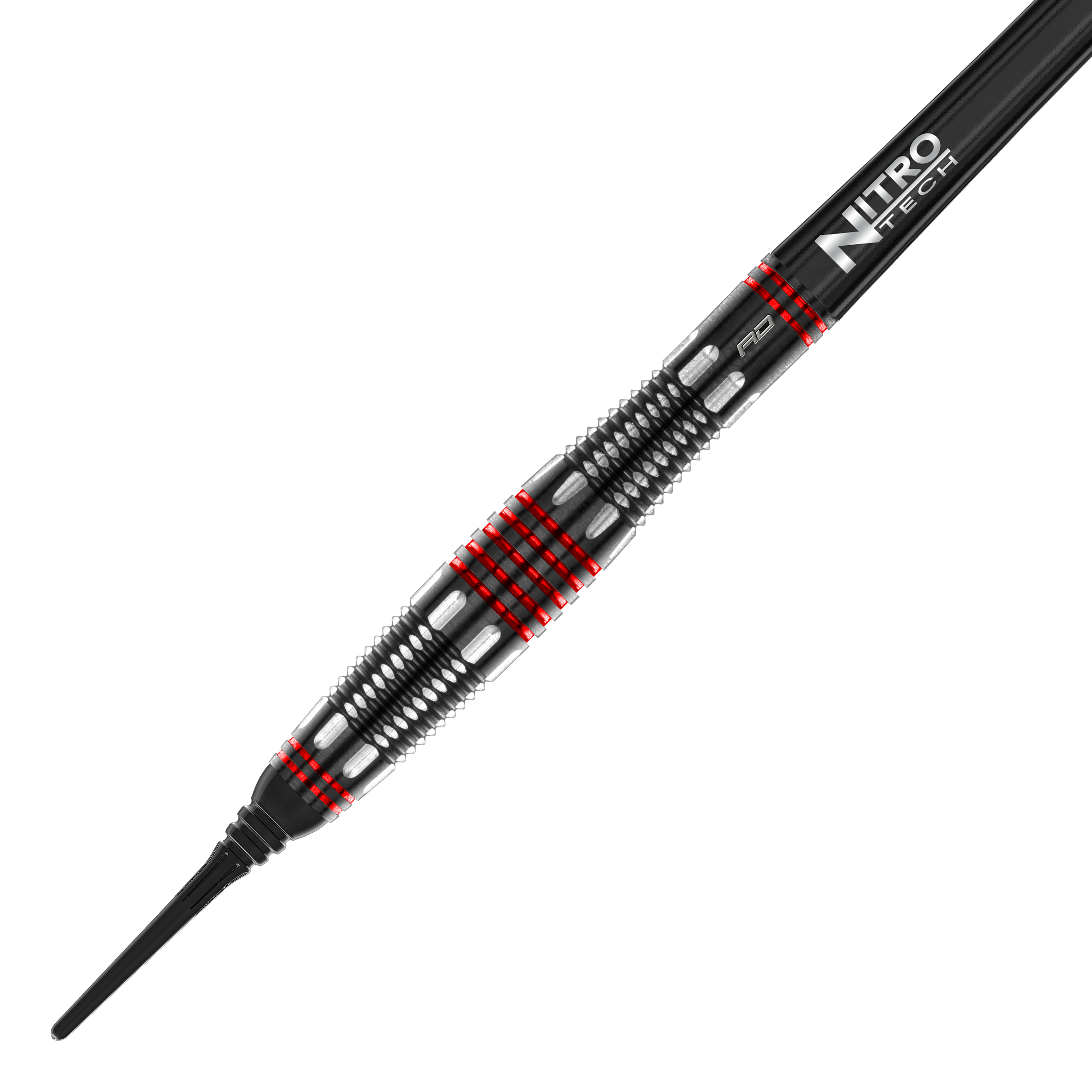 Red Dragon Marlin Venom Softdarts - 22g Das Bild zeigt den Red Dragon Marlin Venom Softdart mit einem Gewicht von 22 Gramm. Der Dart hat ein schwarzes und silbernes Design mit auffälligen roten Ringen und einer „Nitro Tech“-Beschriftung.