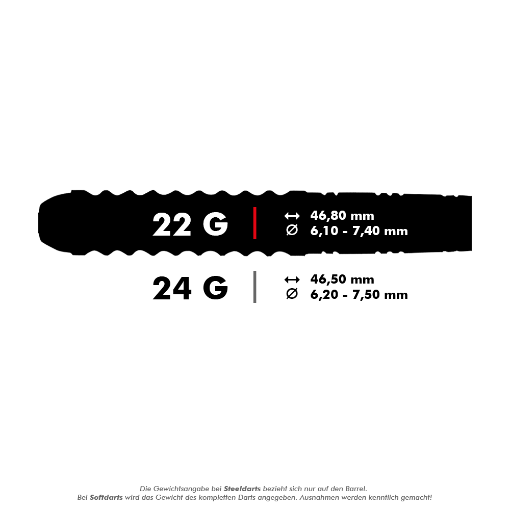 Das Bild zeigt die Produktdetails der "Unicorn Autograph Steeldarts". Die Darts wiegen 22 Gramm und haben eine Länge von 46,80 mm sowie einen Durchmesser von 6,10 bis 7,40 mm.