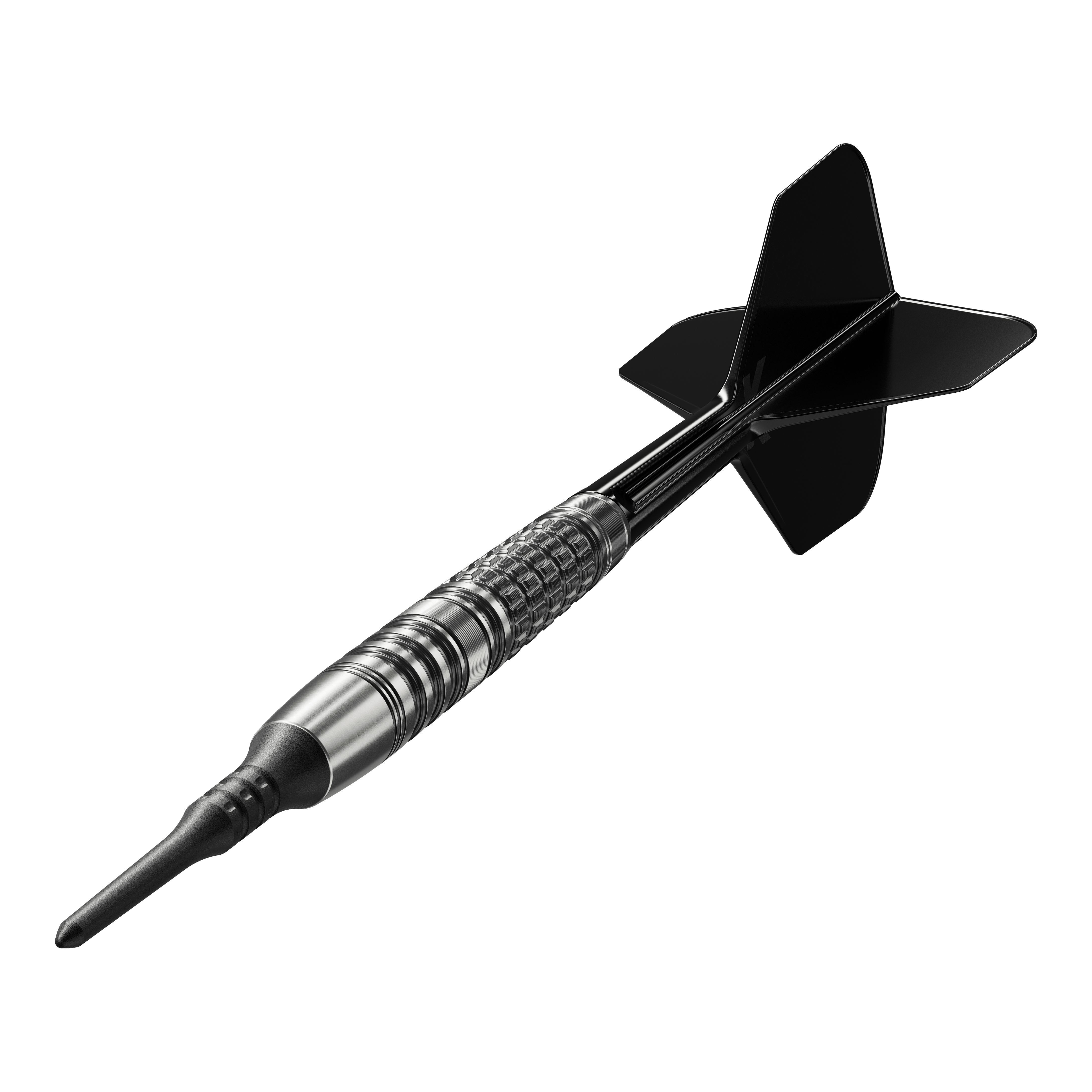 Das Bild zeigt einen Target Japan Black Marque Lumiere GEN3 Softdart mit einem Gewicht von 18,5g. Der Dartpfeil hat ein elegantes, schwarzes Design und eine strukturierte Griffzone.