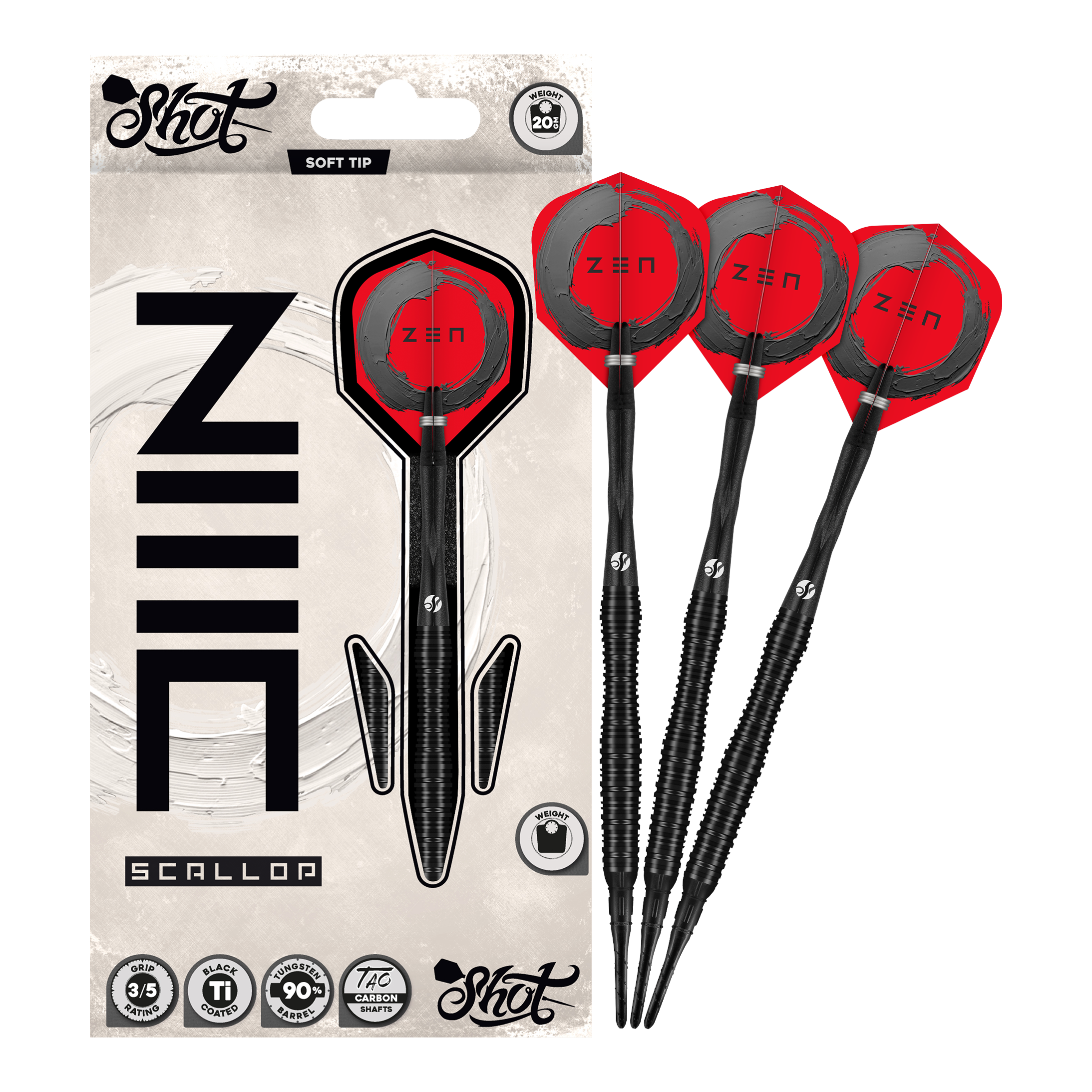 Shot ZEN Scallop Softdarts - 20g Das Bild präsentiert die Shot ZEN Scallop Softdarts - 20g in voller Ansicht. Diese Darts zeichnen sich durch ihre hochwertige Verarbeitung aus.